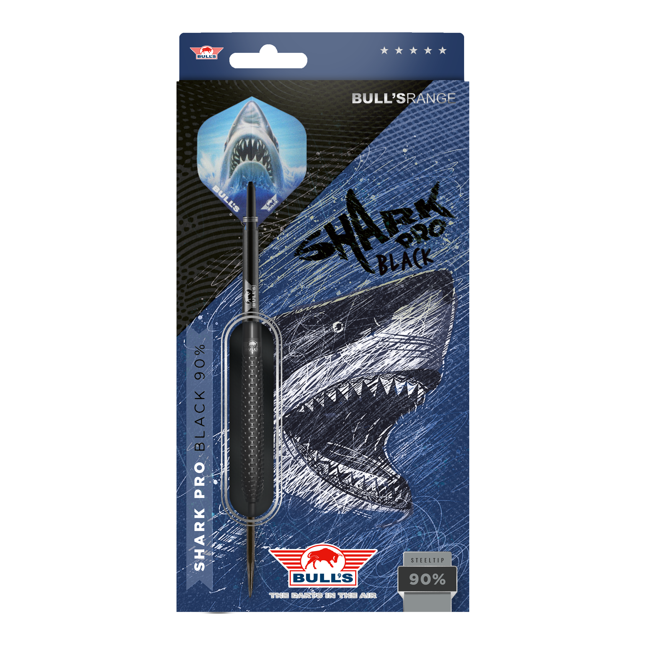 Šipky Bulls NL Shark Pro černé ocelové Die Abbildung zeigt die Verpackung der "Bulls NL Shark Pro Black Steeldarts". Auf der Verpackung ist ein aggressiv aussehender Hai sowie der Dartpfeil selbst zu sehen.