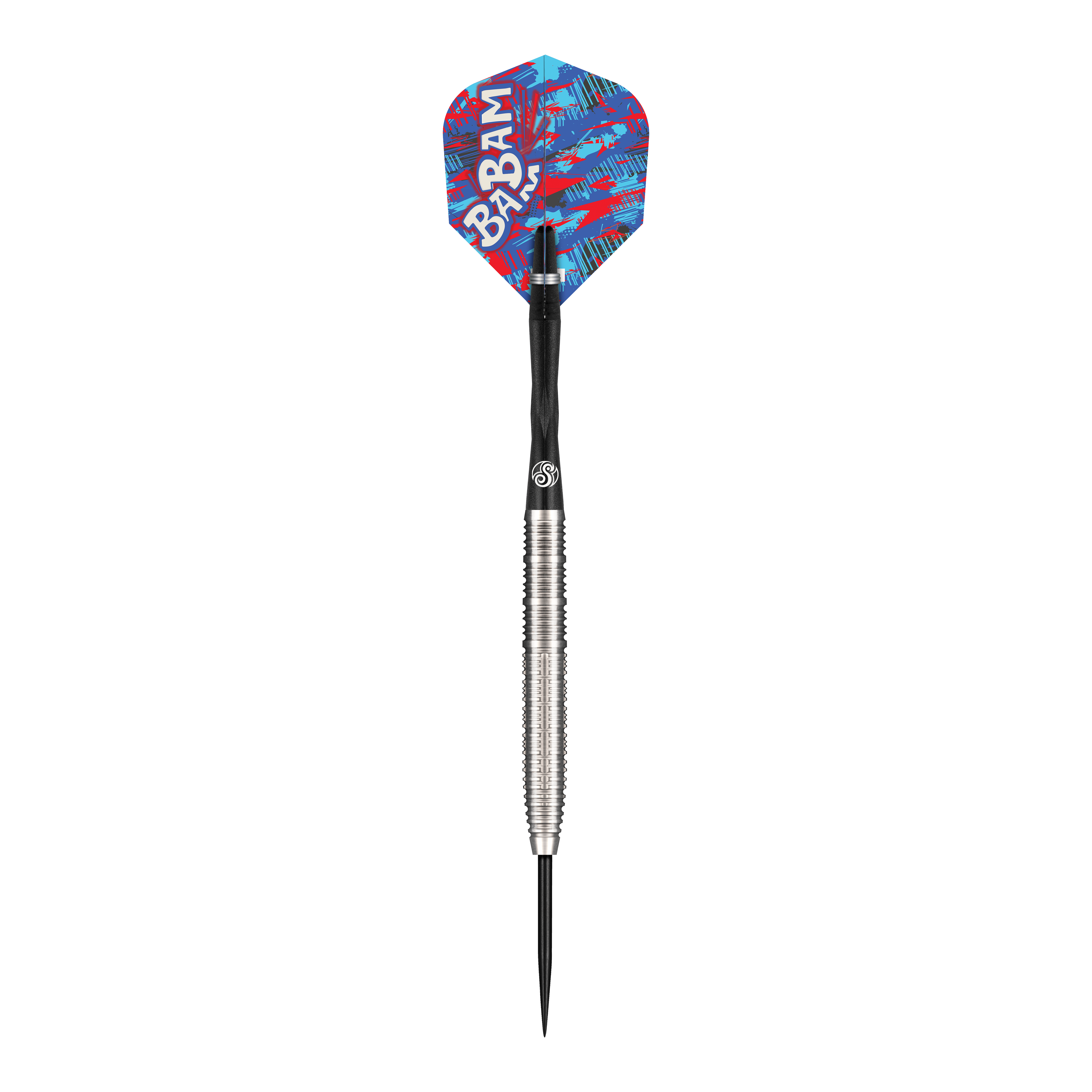 Dies ist ein Steeldart der Marke "Shot Pro Series Bradley Brooks GEN2" mit einem Gewicht von 23 Gramm. Der Dart hat einen silbernen, gerillten Schaft und eine bunte, blau-rote Flight mit der Aufschrift "BABAM".