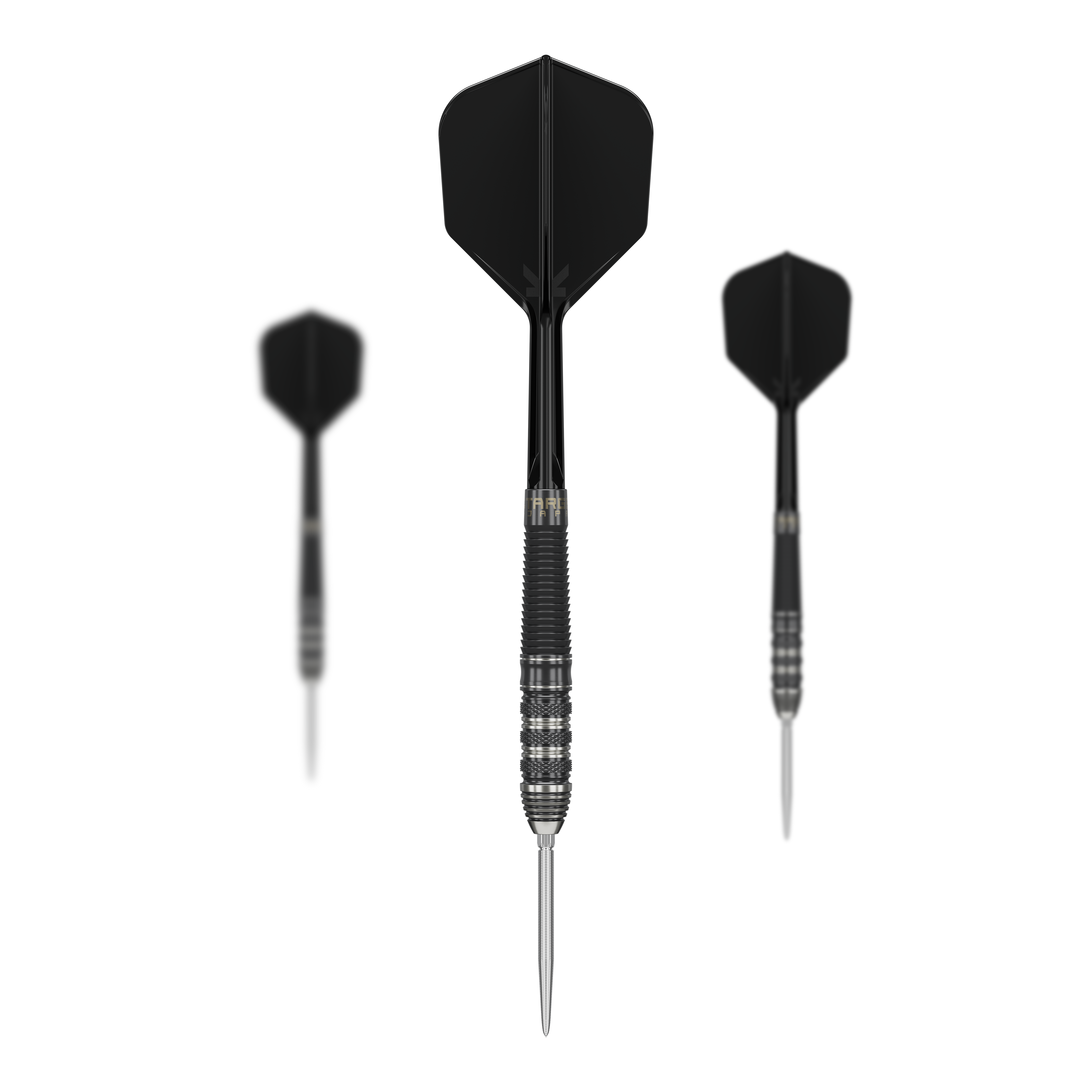 Šipky Target Japan Black Marque Armageddon GEN2 Swiss Point Steeldarts Das Bild zeigt drei schwarze Steeldarts des Modells „Target Japan Black Marque Armageddon GEN2 Swiss Point“. Die Darts haben einen geriffelten Metallkörper und schwarze Flights.