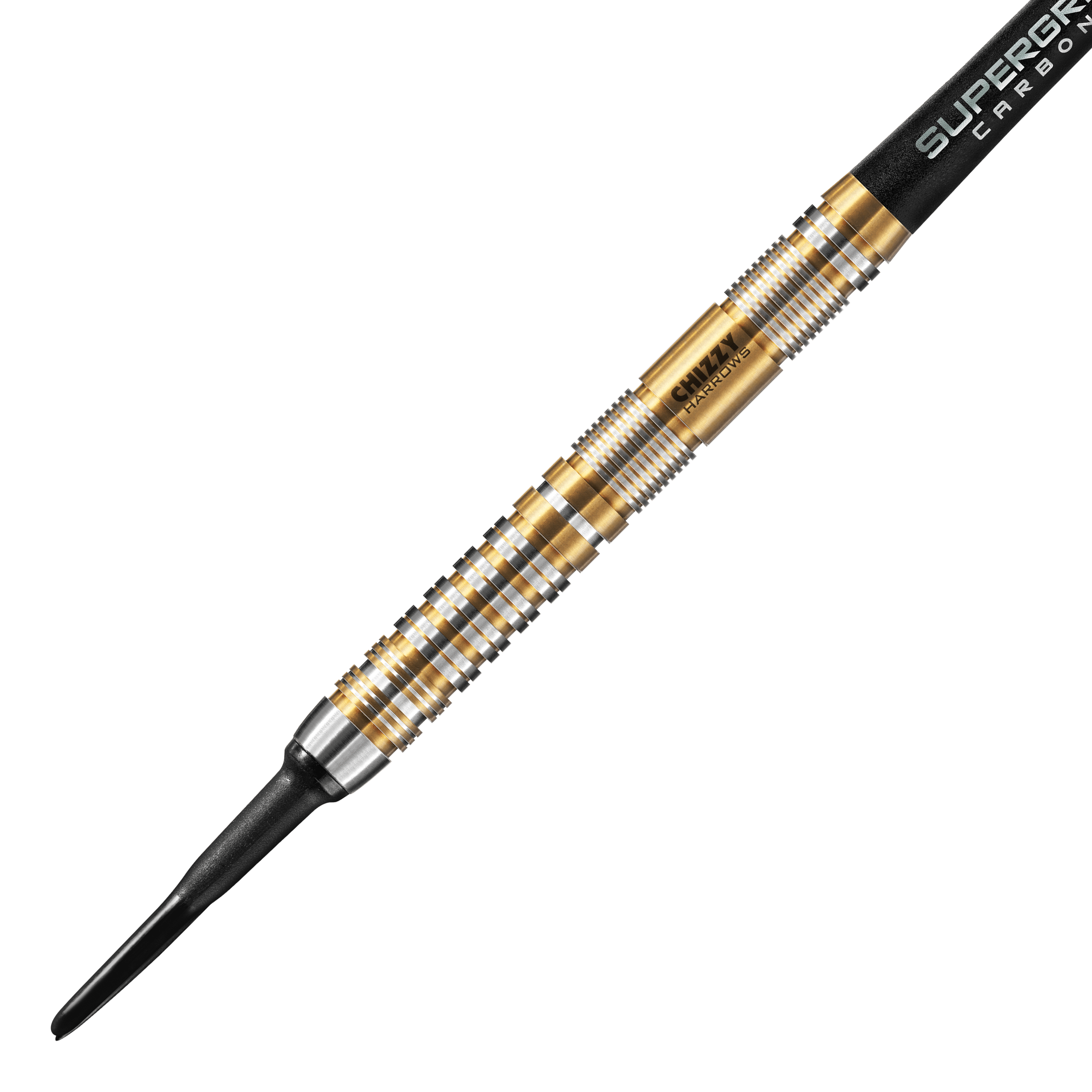 Měkké šipky Harrow's Dave Chisnall Chizzy Series 2 Das Bild zeigt einen Harrows Dave Chisnall Chizzy Series 2 Softdart. Der Dartpfeil hat ein auffälliges Design mit goldenen und silbernen Ringen entlang des Barrels.