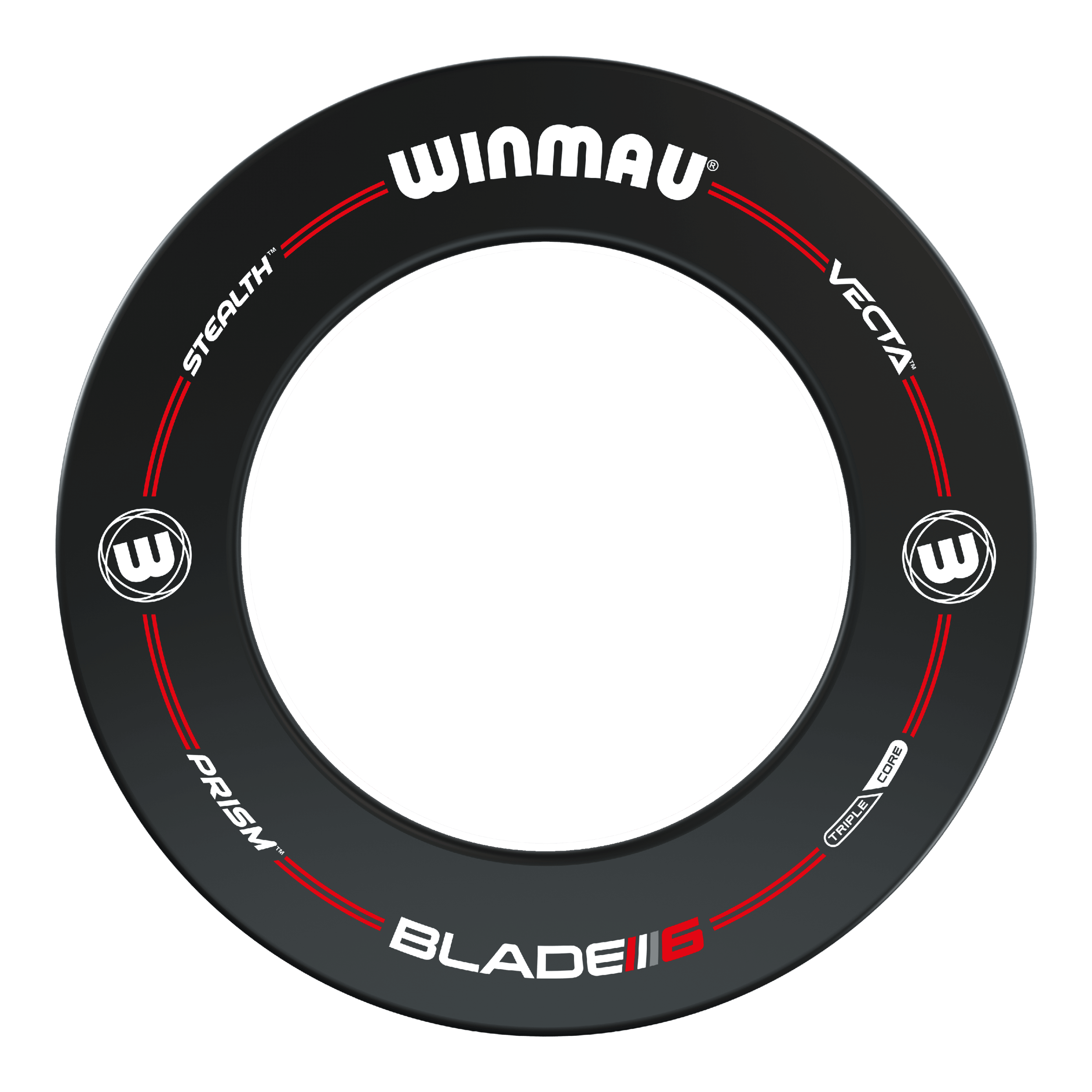 Winmau Pro-Line Blade 6 Dartboard Surround Das Bild zeigt das Produkt "Winmau Pro-Line Blade 6 Dartboard Surround". Es ist ein schwarzer Dartboard-Ring mit weißen und roten Akzenten sowie verschiedenen Markenlogos.