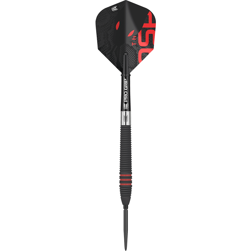 190216_Target_Nathan_Aspinall_Black_Swiss_Point_Steeldarts_1zPSANyFF44kZP Das Bild zeigt einen schwarzen Steeldart mit roten Akzenten. Auf dem Schaft steht "PRO GRIP" und das Flight hat ein auffälliges schwarzes und rotes Design.