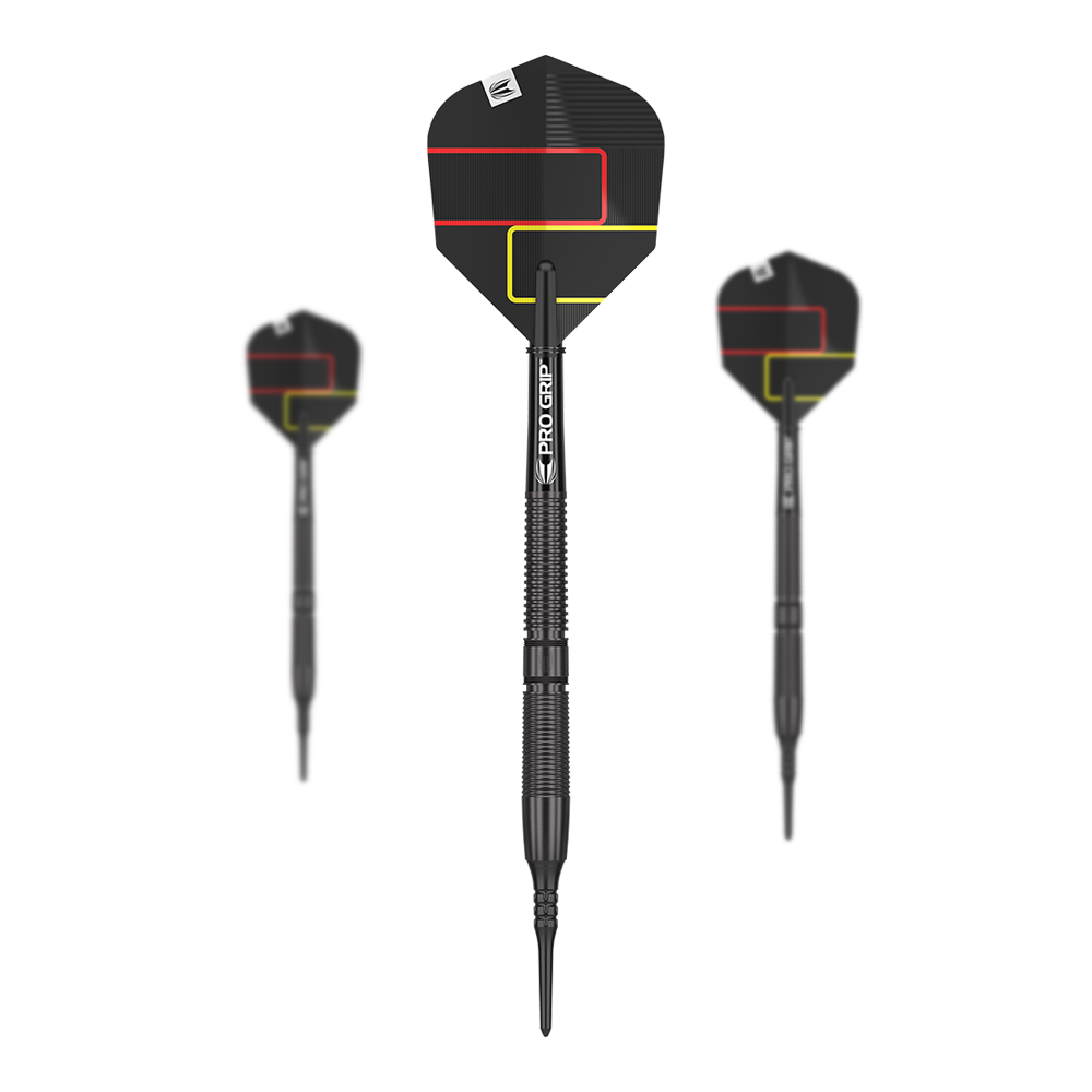 Target Gabriel Clemens Black Edition Softdarts - 19g Das Bild zeigt drei schwarze Softdarts der Marke "Target Gabriel Clemens Black Edition - 19g". Die Flights sind schwarz mit roten und gelben Linien verziert.