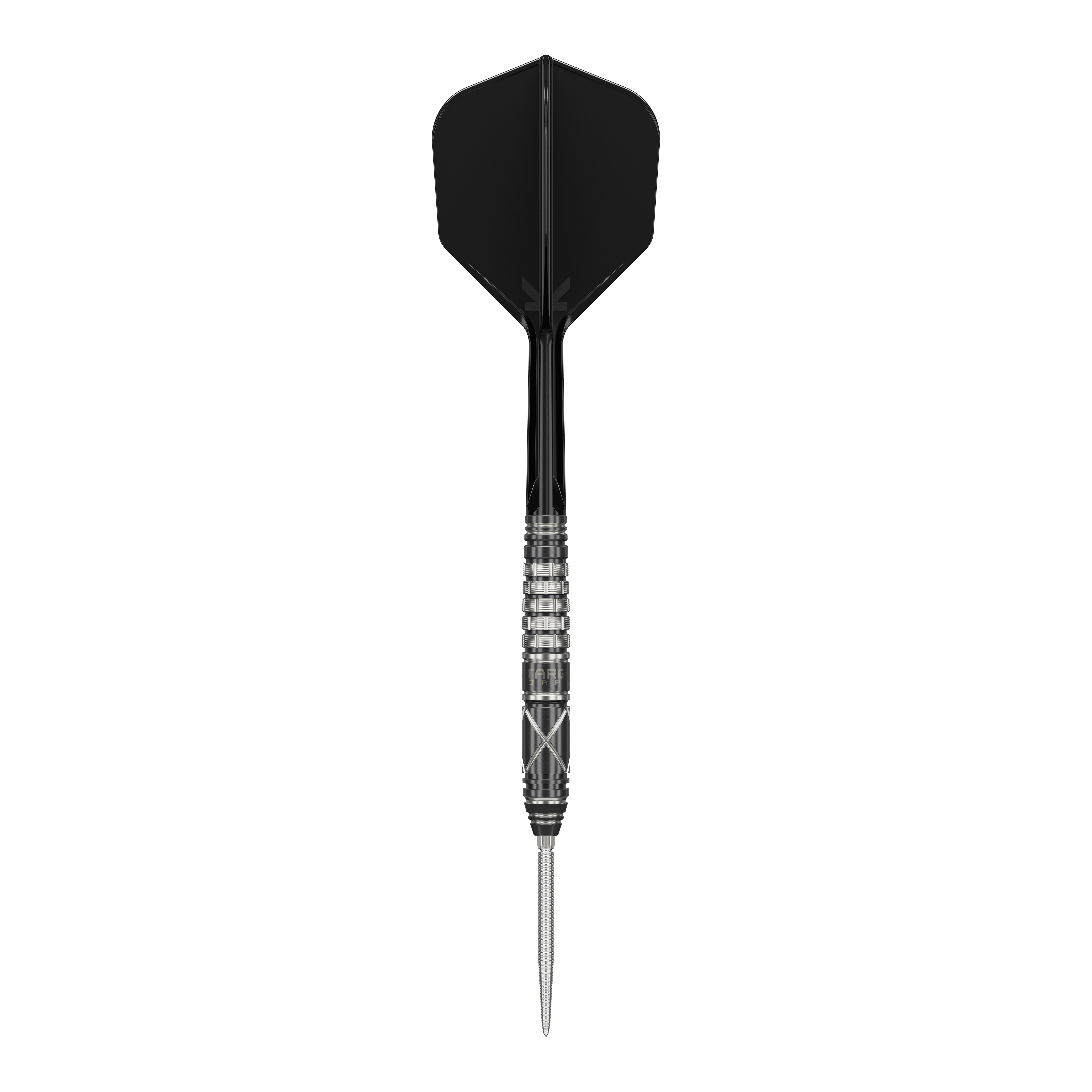 Ocelové šipky Target Japan Black Marque Chaos 2 SP Das Bild zeigt einen stilvollen Steeldartpfeil mit schwarzer Flight und silber-schwarzem Barrel. Es handelt sich um das Produkt "Target Japan Black Marque Chaos 2 SP Steeldarts".