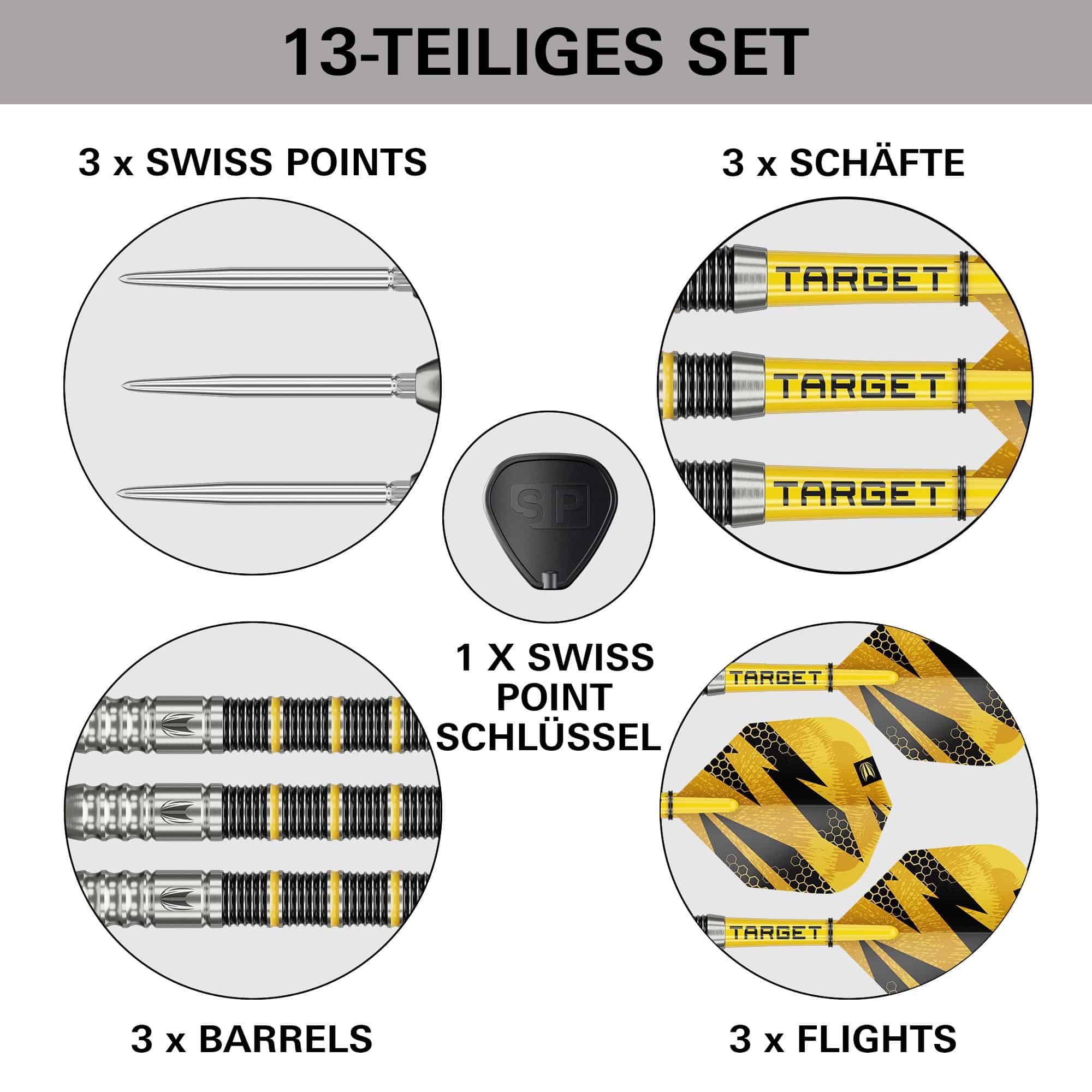 Ocelové šipky Target Buzz 02 Swiss Points Das Bild zeigt die Target Buzz 02 Swiss Points Steeldarts. Die Steeldarts werden aus einer anderen Perspektive vorgestellt.