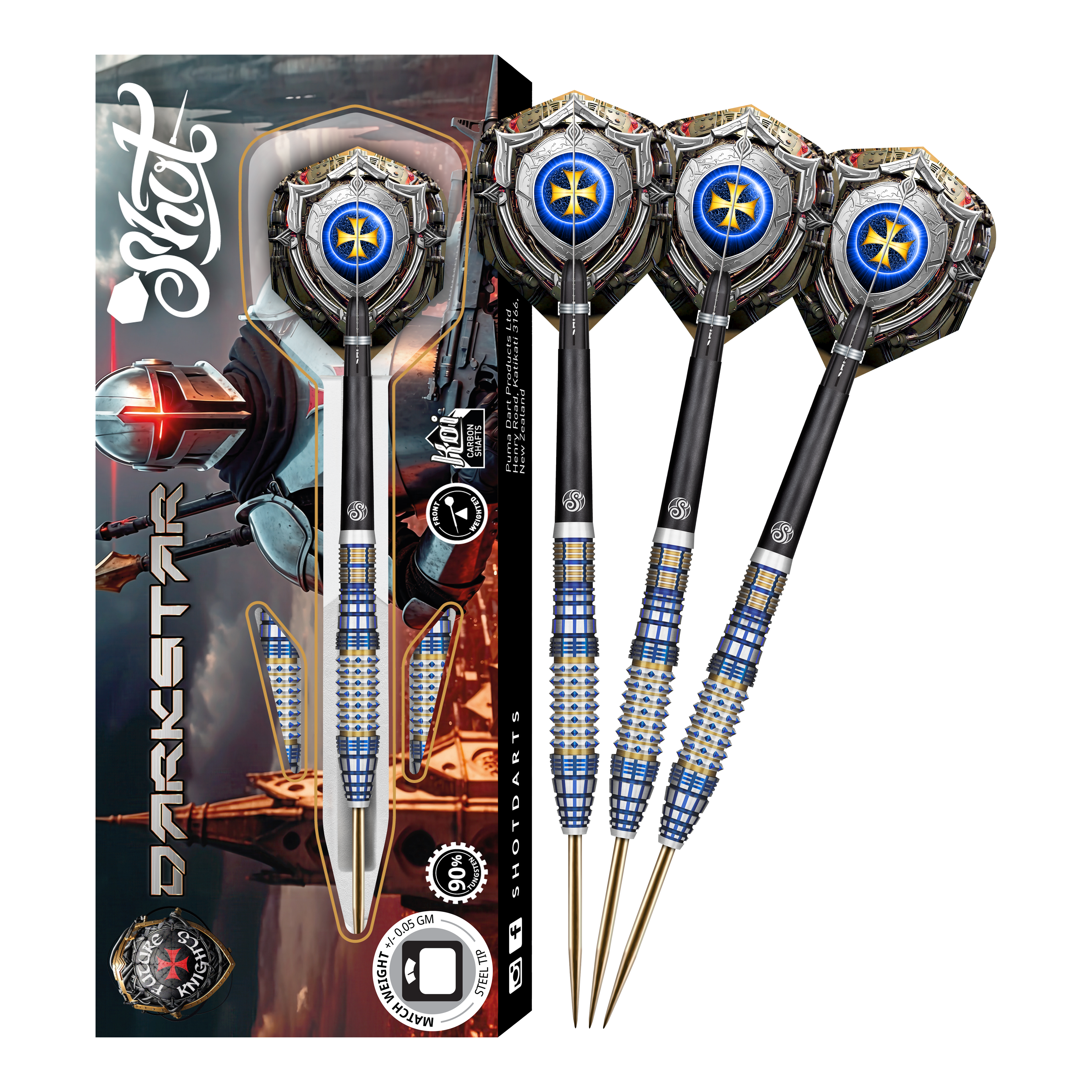 Das Bild zeigt das Set „Shot Future Knights Darkstar Steeldarts - 23g“ mit drei detailliert gestalteten Darts. Die Verpackung ist mit einem Rittermotiv und dem Schriftzug „Darkstar“ verziert.