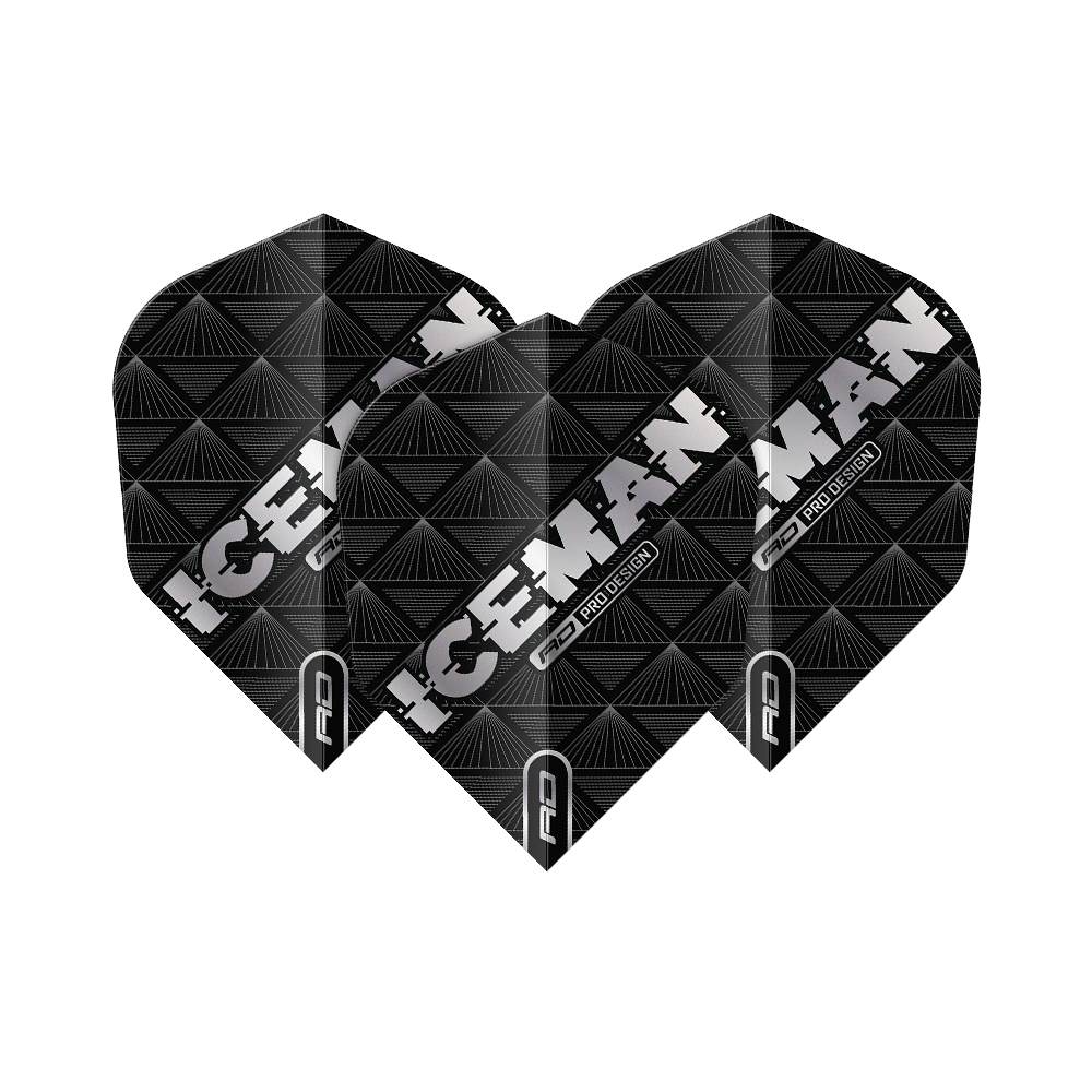 Das Bild zeigt drei schwarze Dartflights mit dem Aufdruck "ICEMAN" in weißer Schrift. Die Flights haben ein geometrisches Muster und sind von der Marke Red Dragon, Modell Gerwyn Price Iceman Black No6.