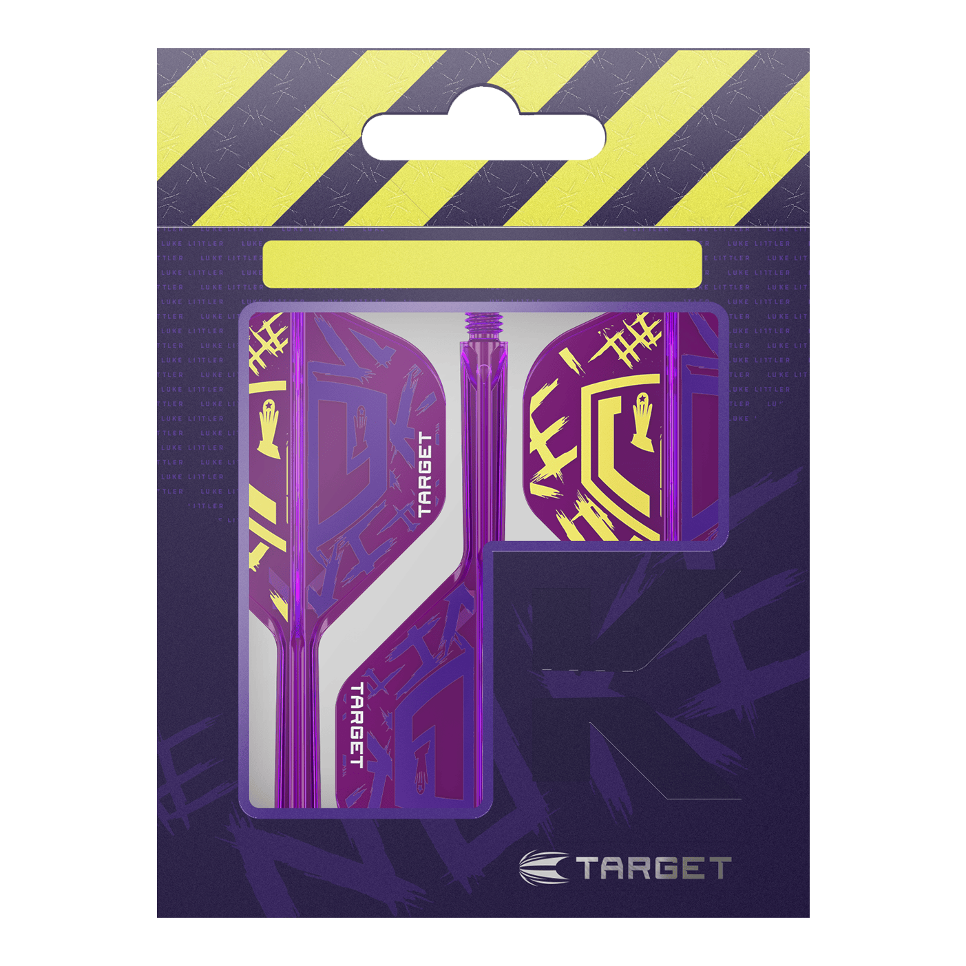 Die Abbildung zeigt die "Target K-Flex Luke Littler World Champion 2025 No2 Standard Flights" in einer Verpackung. Die Flights sind lila mit gelben Akzenten und dem Target-Logo gestaltet.