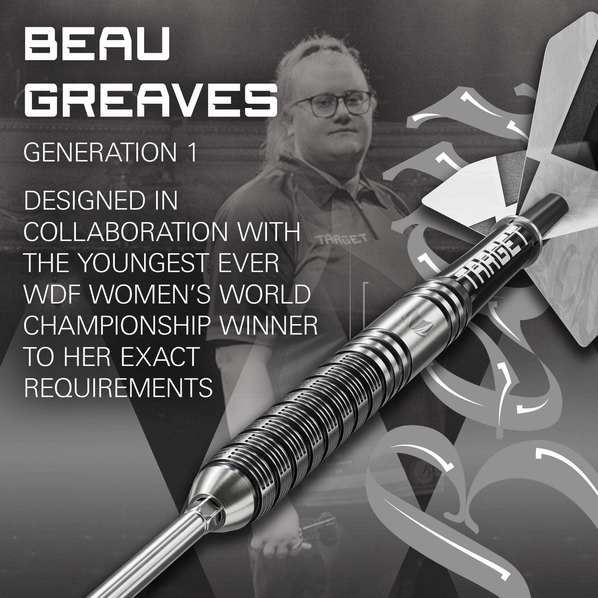 Šipky Target Beau Greaves GEN1 Swiss Point ocelové Dieses Foto zeigt die Target Beau Greaves GEN1 Swiss Point Steeldarts von der Seite. Die Details der Barrelstruktur sind klar erkennbar.