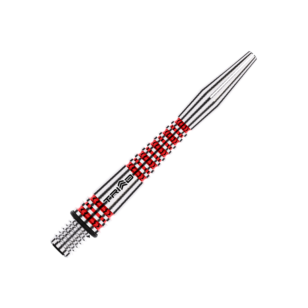 Dies ist ein silberner Dartschaft aus Aluminium mit roten Akzenten. Auf dem Schaft steht das Wort "TRIAD".