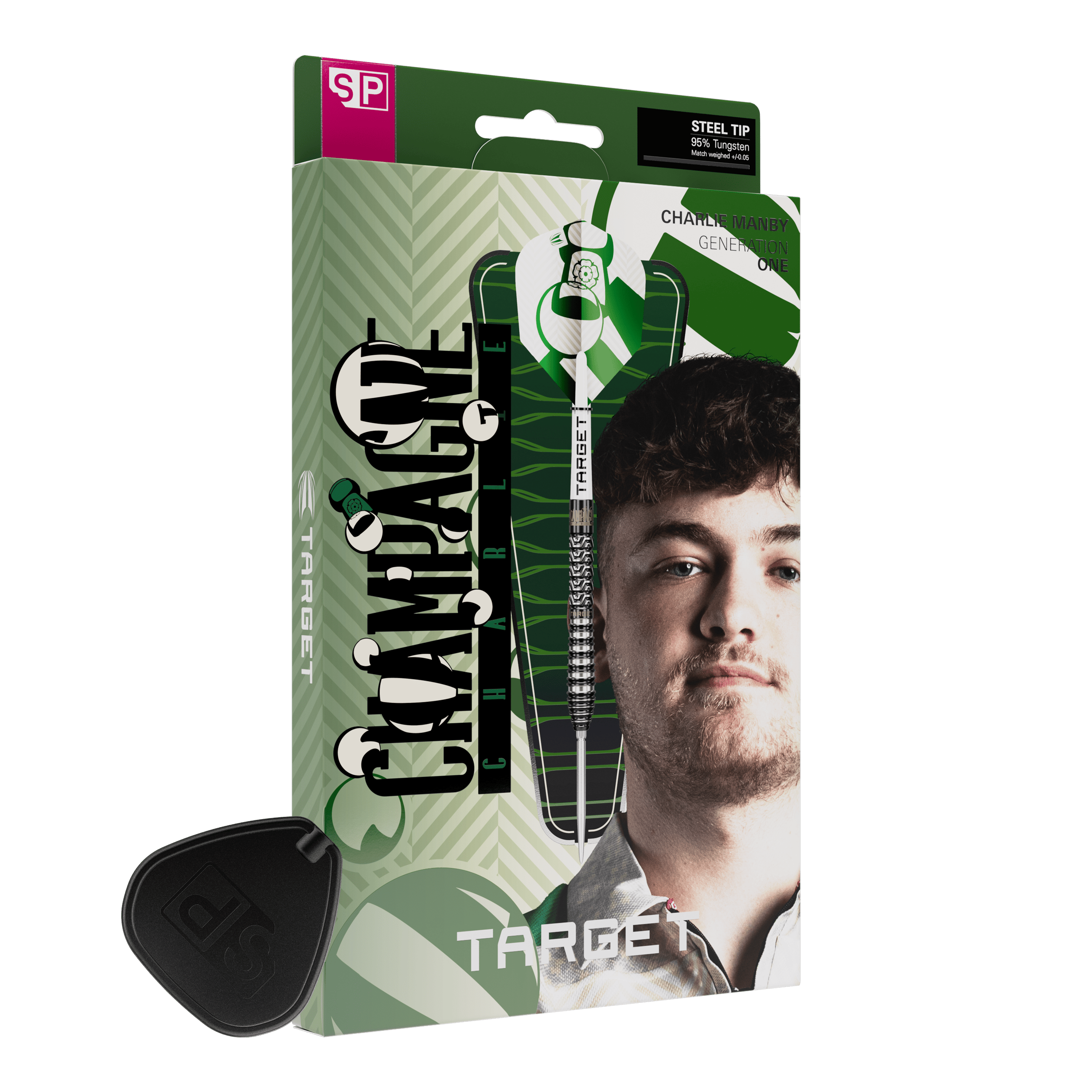 Ocelové šipky Target Charlie Manby Swiss Points Dies ist ein Foto von Target Charlie Manby Swiss Points Steeldarts. Es wird ein weiterer Dart aus dem Set gezeigt.