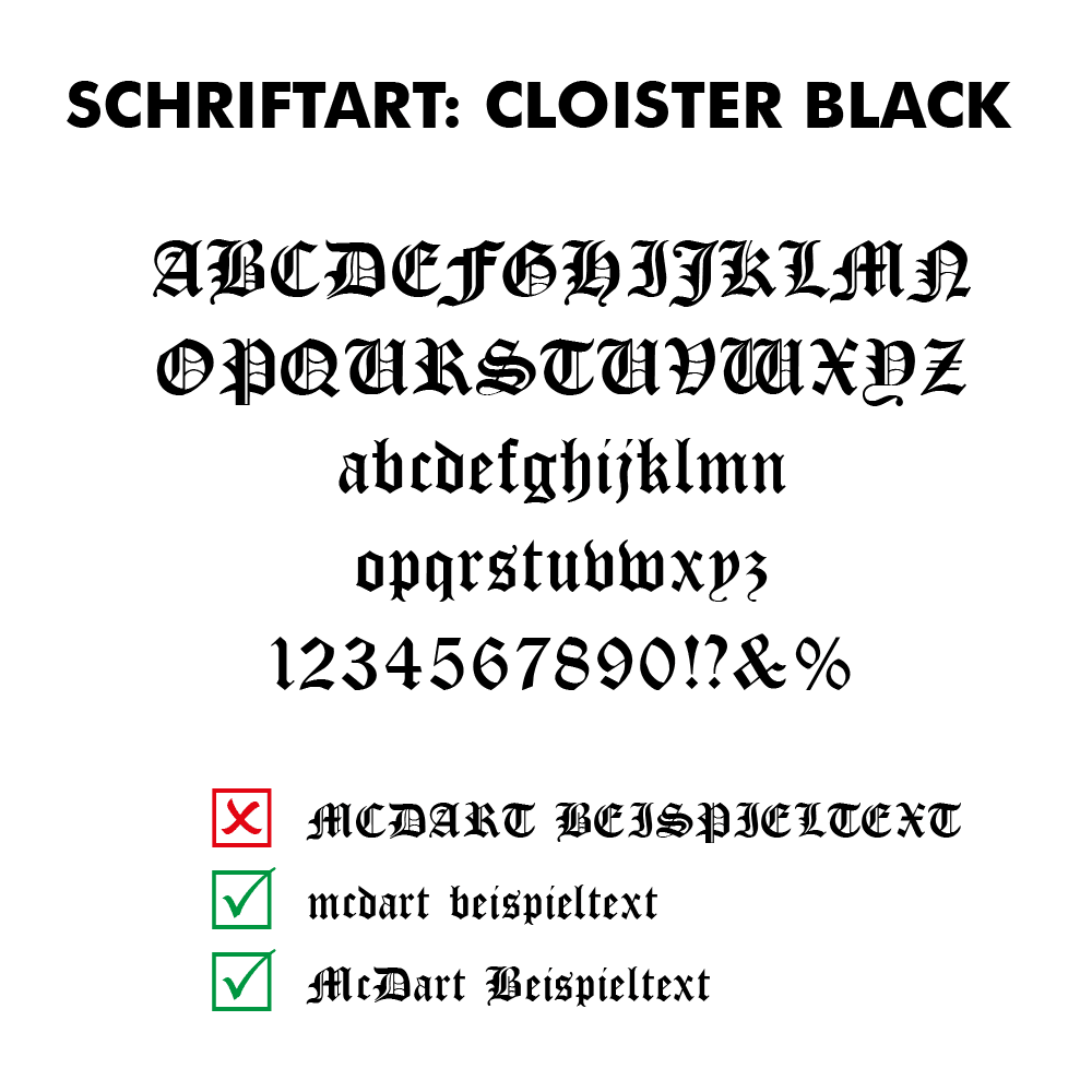 Flightdruck_Schriftart_Cloister_Black7wCO01dwjO9KG Das Bild zeigt das Alphabet, Zahlen und Sonderzeichen in der Schriftart "Cloister Black". Unten werden richtige und falsche Verwendungsbeispiele dieser Schriftart mit Häkchen und einem Kreuz dargestellt.