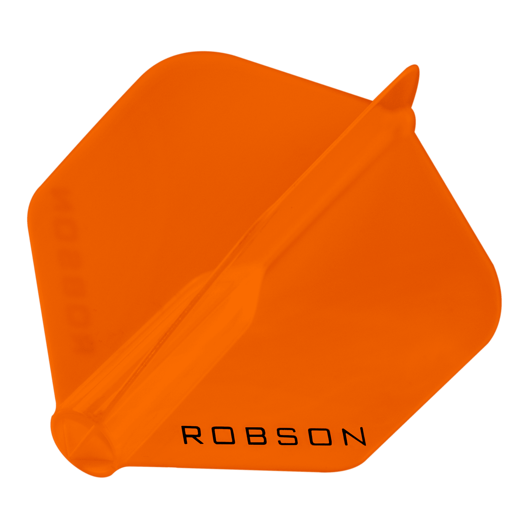 Lety Robson Plus – standardní Das Bild zeigt ein orangefarbenes Dart-Flügel mit der Aufschrift "ROBSON". Er hat eine sechseckige Form und ist transparent.