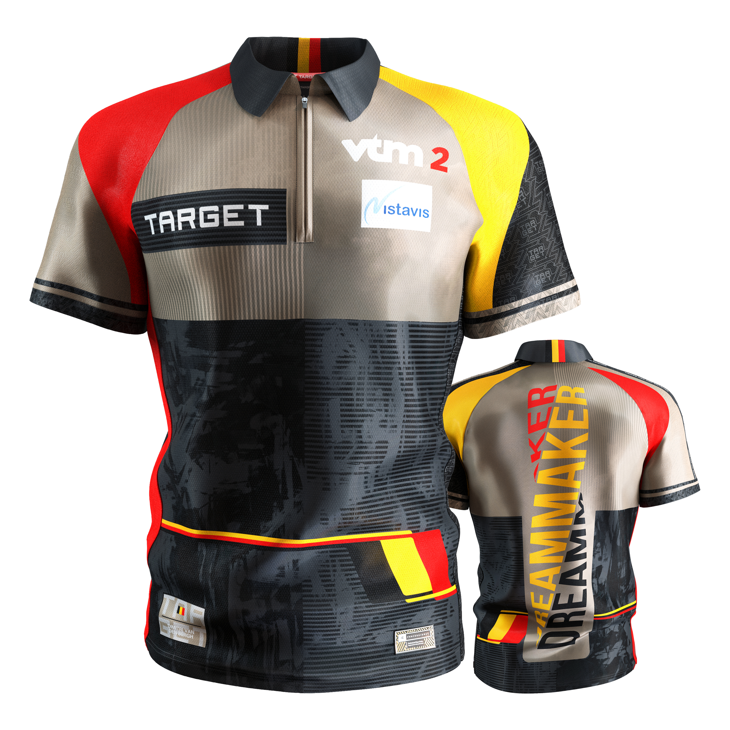 Šipková košile Target Coolplay Dimitri Van Den Bergh 2025 Das Bild zeigt das "Target Coolplay Dimitri Van Den Bergh 2025 Dartshirt" von vorne und hinten. Das Shirt ist bunt gestaltet mit den Farben Schwarz, Rot, Gelb und Beige und trägt verschiedene Logos sowie den Schriftzug "DREAMMAKER" auf der Rückseite.