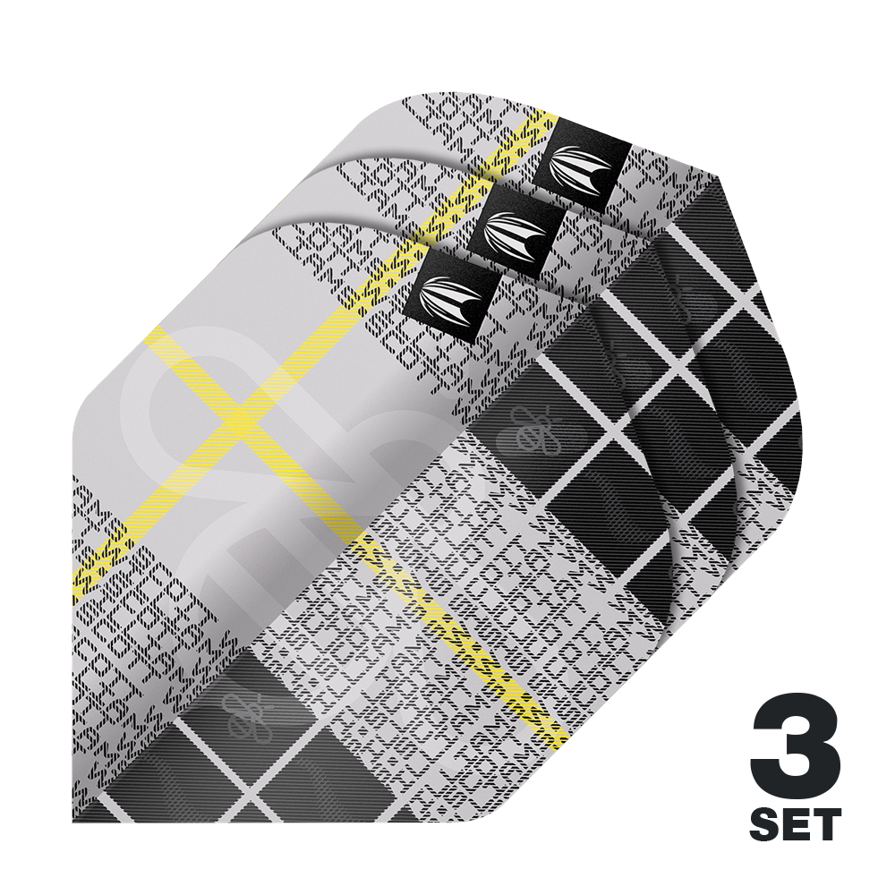 Target Pro Ultra Scott Williams GEN2 No2 Standardní letky - 3 sady Das Bild zeigt drei Sets der Target Pro Ultra Scott Williams GEN2 No2 Standard Flights. Die Flights haben ein schwarz-graues Muster mit gelben Linien und weißen Schriftzügen.