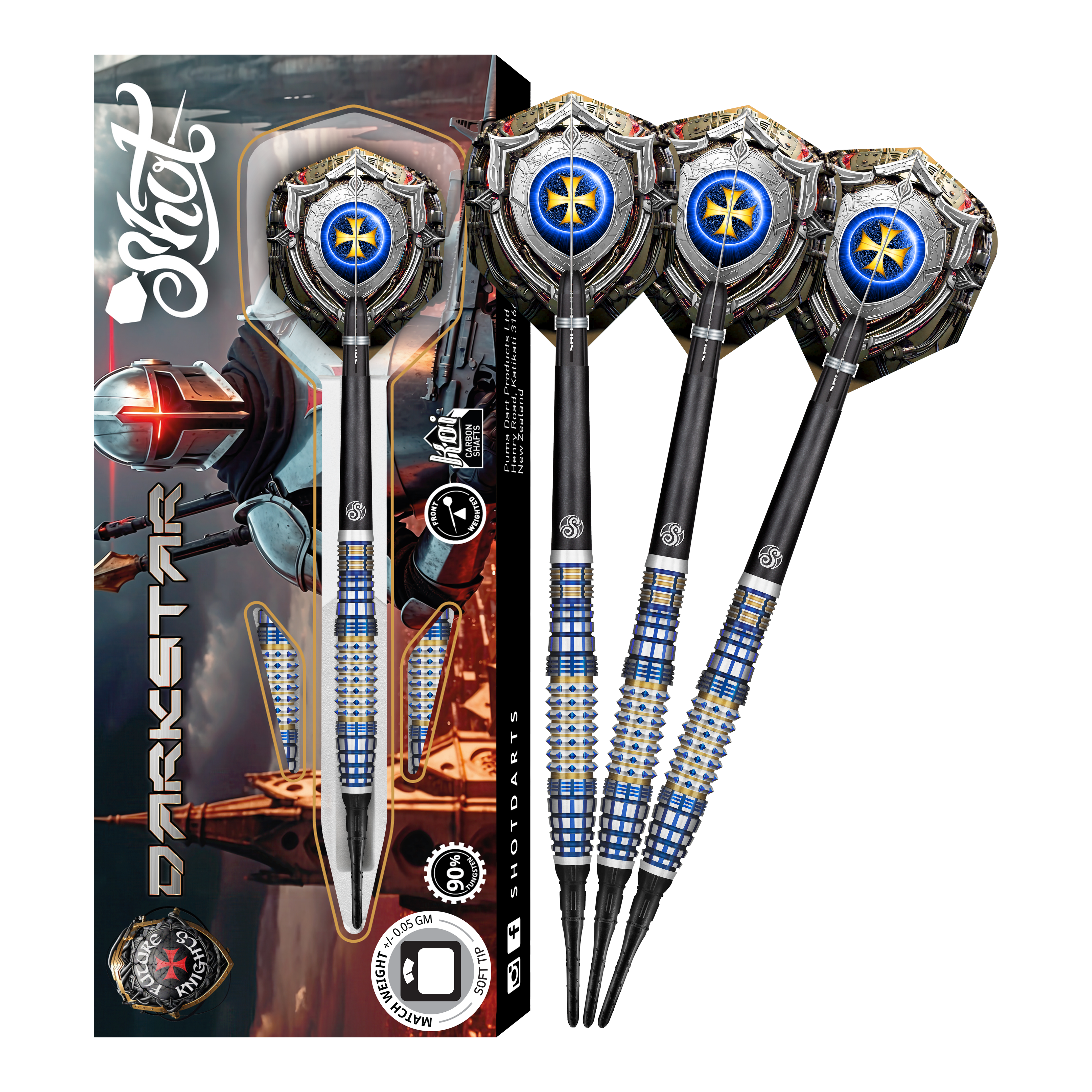 Das Bild zeigt die Shot Future Knights Darkstar Softdarts - 20g zusammen mit ihrer Verpackung. Die Darts haben ein auffälliges Design mit blauen und silbernen Akzenten sowie speziellen Flights mit einem Rittermotiv.
