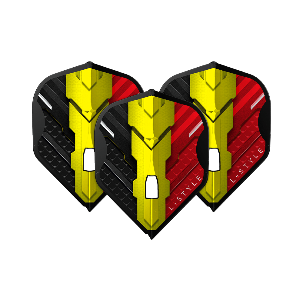 Das Bild zeigt drei Dart Flights des Modells "L-Style V-Series V1 Type C Belgium Black L1PRO". Die Flights sind in den Farben Schwarz, Gelb und Rot gestaltet und tragen das Logo "L-STYLE".