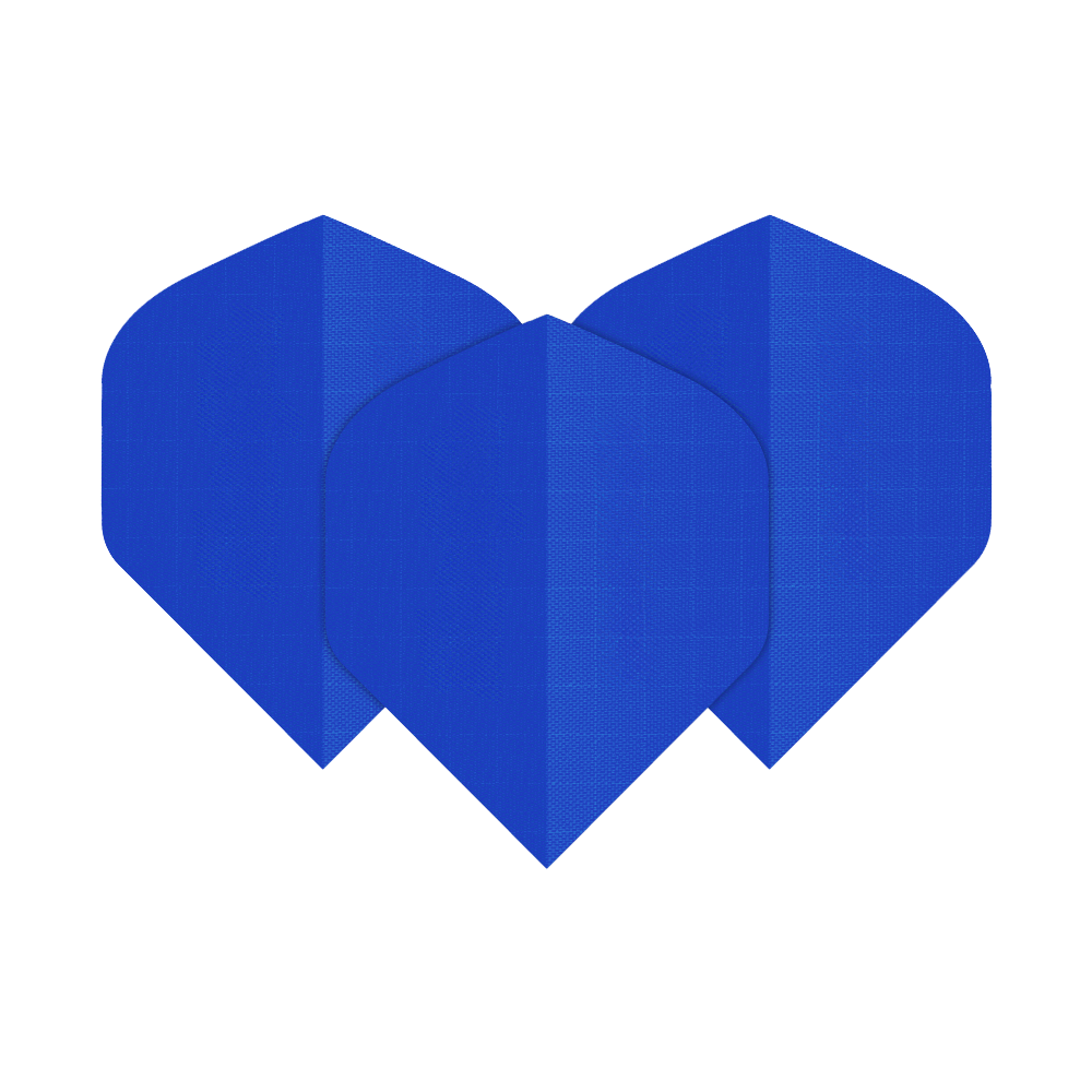 Nylonové letky - Standardní - MODRÉ Das Bild zeigt drei blaue Dart-Flights aus Nylon-Stoff. Sie haben eine klassische, leicht abgerundete Form.