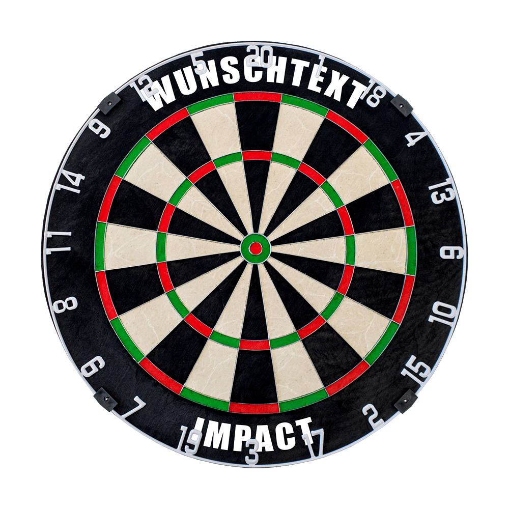 MCDB_Dartboard_mit_Wunschtext_HD_1_Impact Auf dem Bild ist eine Dartscheibe zu sehen. Oben steht der Text "WUNSCHTEXT" und unten "IMPACT".