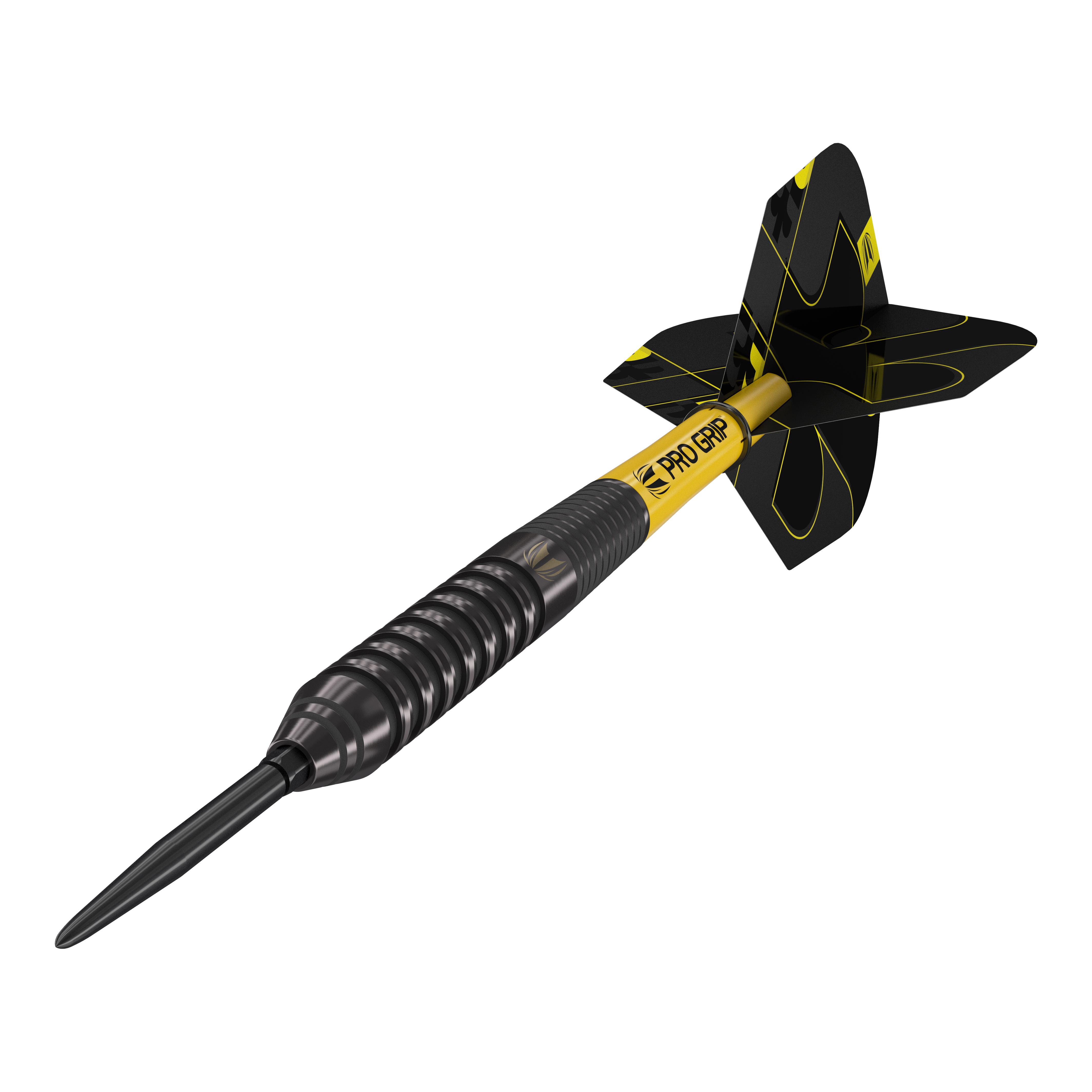 Ocelové šipky Target Bolide Void 02 Swiss Point Das Bild zeigt einen Target Bolide Void 02 Swiss Point Steeldart. Der Dart ist schwarz mit gelben Akzenten und hat ein modernes, gerilltes Design.