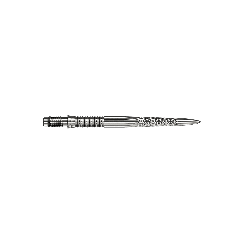Špičky na šipky Mission R2.5 Rapid Point DSX - stříbrné Abgebildet sind silberne Dartspitzen Mission R25 Rapid Point DSX mit einer Länge von 30mm. Die Spitzen werden aus zwei verschiedenen Blickwinkeln präsentiert.