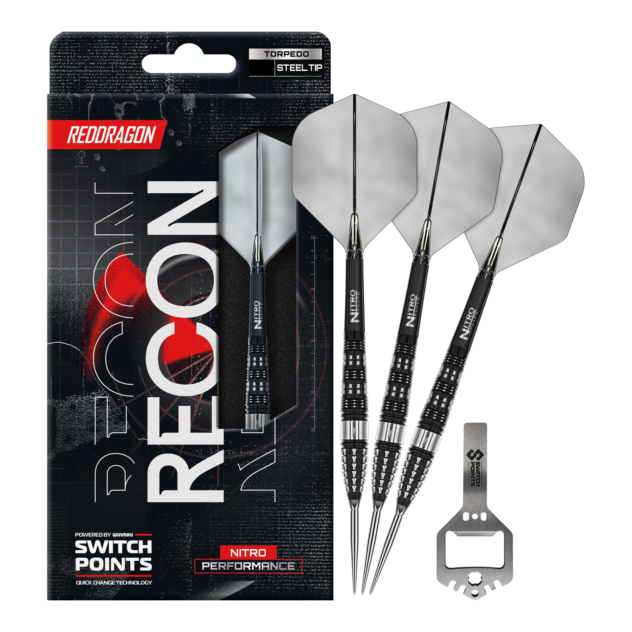 Ocelové šipky Red Dragon Recon Torpedo Switch Point Abgebildet sind die Red Dragon Recon Torpedo Steeldarts mit 23g Gewicht. Diese Steeldarts zeichnen sich durch ihre spezielle Form und hohe Präzision aus.