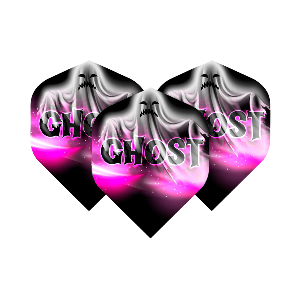 Standardní lety Mission Solo Bailey Marsh č. 2 Das Bild zeigt drei Dart-Flights mit dem Aufdruck „GHOST“ und einem stilisierten Geist auf einem schwarz-rosa Hintergrund. Es handelt sich um das Produkt "Mission Solo Bailey Marsh No2 Standard Flights".