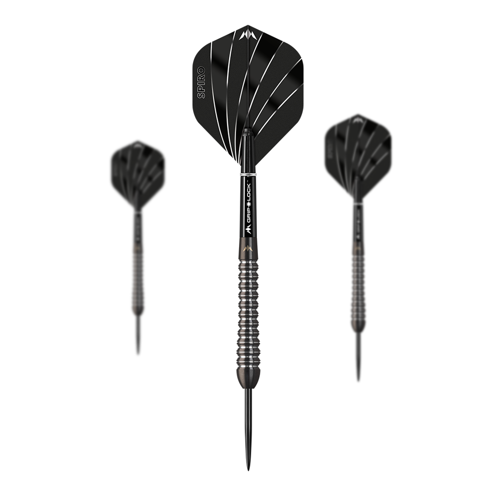 Ocelové šipky Mission Spiro Model 2 - 22g Das Bild zeigt drei Steeldarts des Modells "Mission Spiro Model 2" mit einem Gewicht von 22g. Die Darts sind schwarz mit silbernen Akzenten und haben auffällige Flights mit weißen Linien.