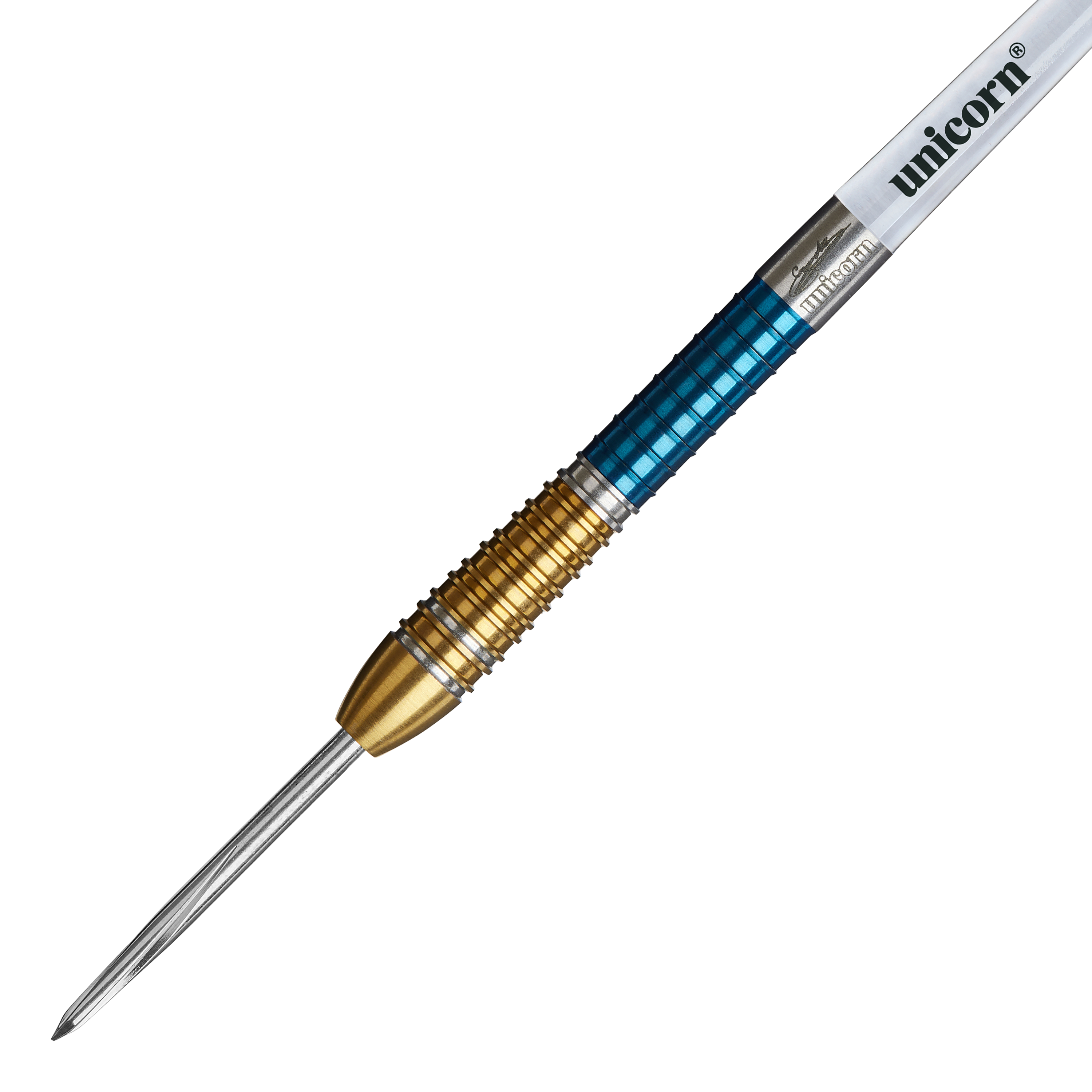 Dies ist ein Unicorn Gary Anderson Duo Phase 6 Steeldart. Der Dart hat einen goldenen und blauen Griffbereich sowie eine silberne Spitze.