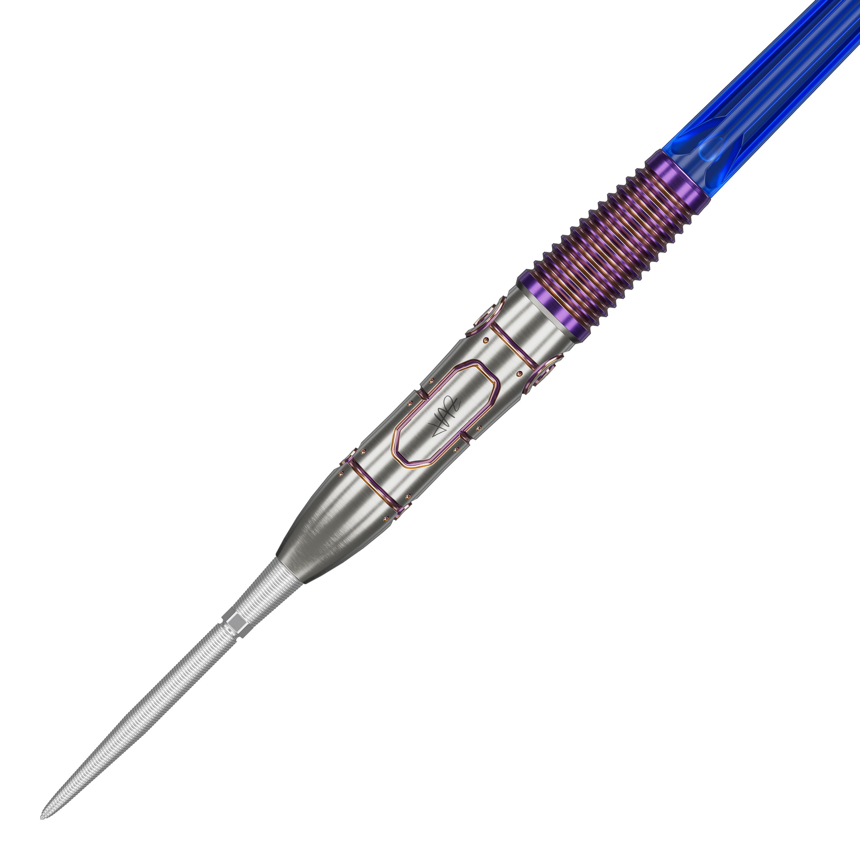 Das Bild zeigt einen Target Japan Haruki Muramatsu Rising Sun GEN9 Steeldart mit einem Gewicht von 23g. Der Dart hat ein auffälliges Design mit silberner Spitze, violetten Akzenten und einem blauen Schaft.