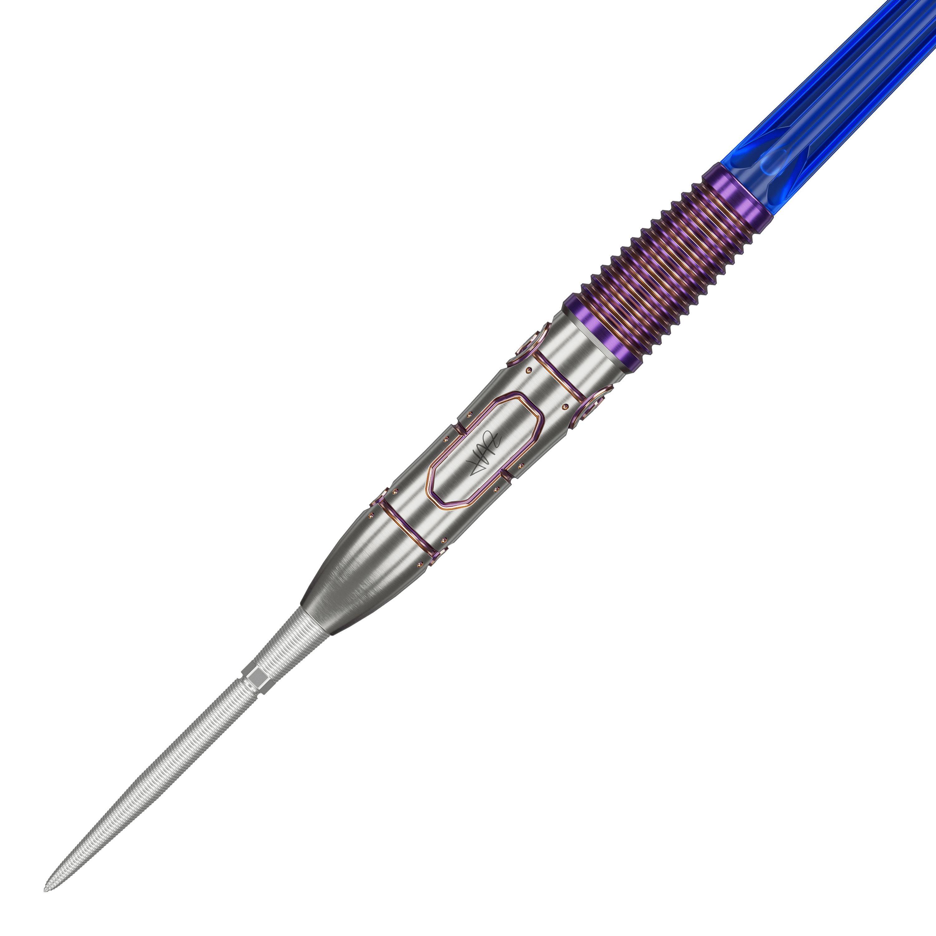 Ocelové šipky Target Japan Haruki Muramatsu Rising Sun GEN9 - 23g Das Bild zeigt einen Target Japan Haruki Muramatsu Rising Sun GEN9 Steeldart mit einem Gewicht von 23g. Der Dart hat ein auffälliges Design mit silberner Spitze, violetten Akzenten und einem blauen Schaft.