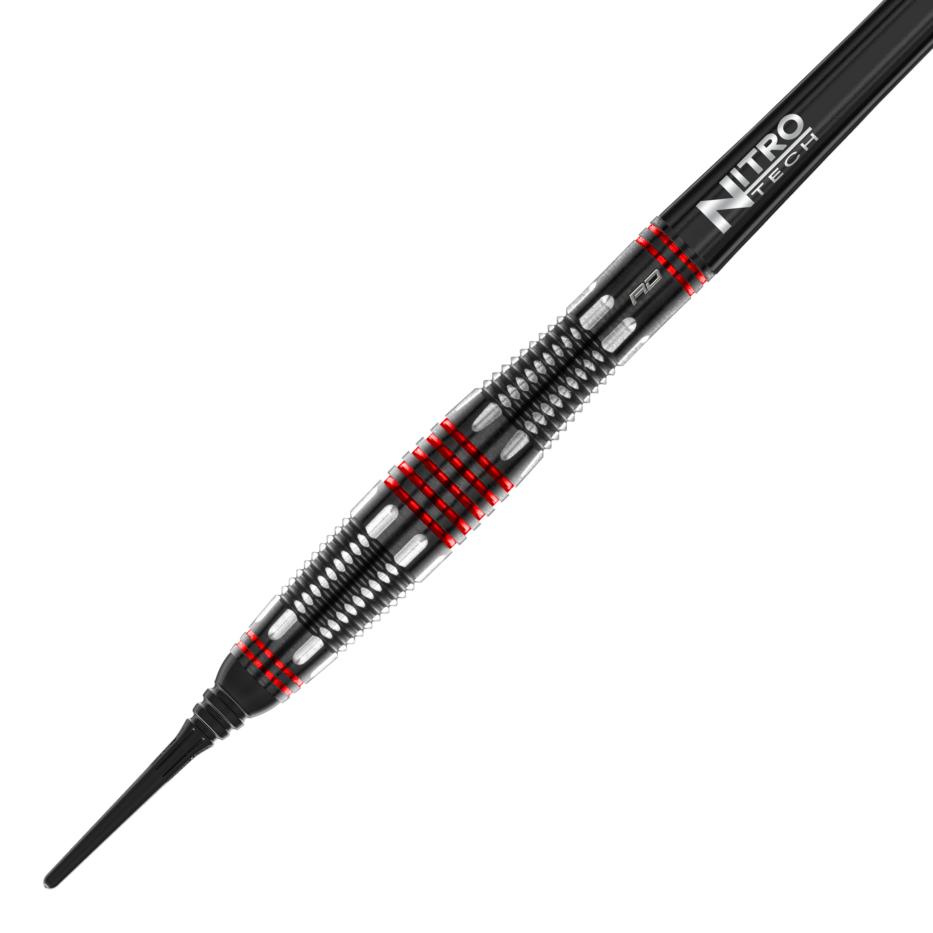 Měkké šipky Red Dragon Marlin Venom - 22g Das Bild zeigt den Red Dragon Marlin Venom Softdart mit einem Gewicht von 22 Gramm. Der Dart hat ein schwarzes und silbernes Design mit auffälligen roten Ringen und einer „Nitro Tech“-Beschriftung.
