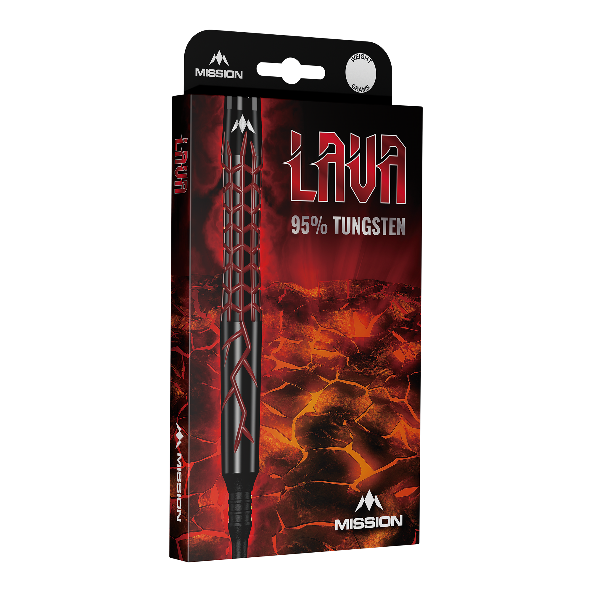 Šipky Mission Lava Softdarts - 20g Die Abbildung zeigt die Verpackung der "Mission Lava Softdarts - 20g". Auf der Verpackung steht "95% Tungsten" und sie ist mit einem Lava-Motiv gestaltet.