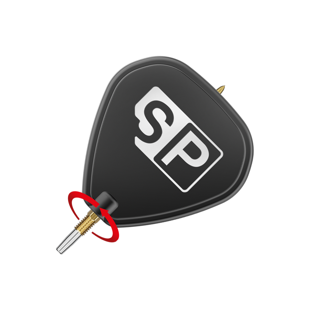 Das Bild zeigt die Target Swiss Point SLK Dartspitzen in Gold. Die Dartspitze ist an einem Dart befestigt und wird durch einen roten Pfeil hervorgehoben.