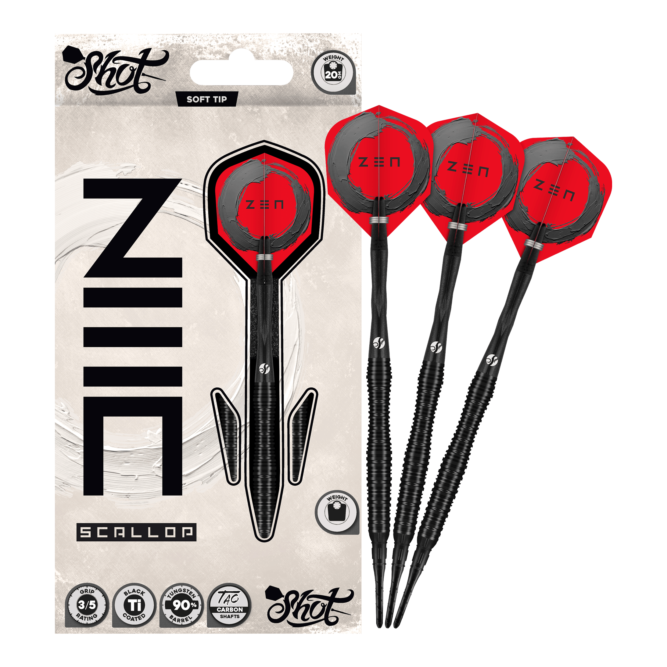 Šipky Shot ZEN Scallop Soft - 20g Das Bild präsentiert die Shot ZEN Scallop Softdarts - 20g in voller Ansicht. Diese Darts zeichnen sich durch ihre hochwertige Verarbeitung aus.