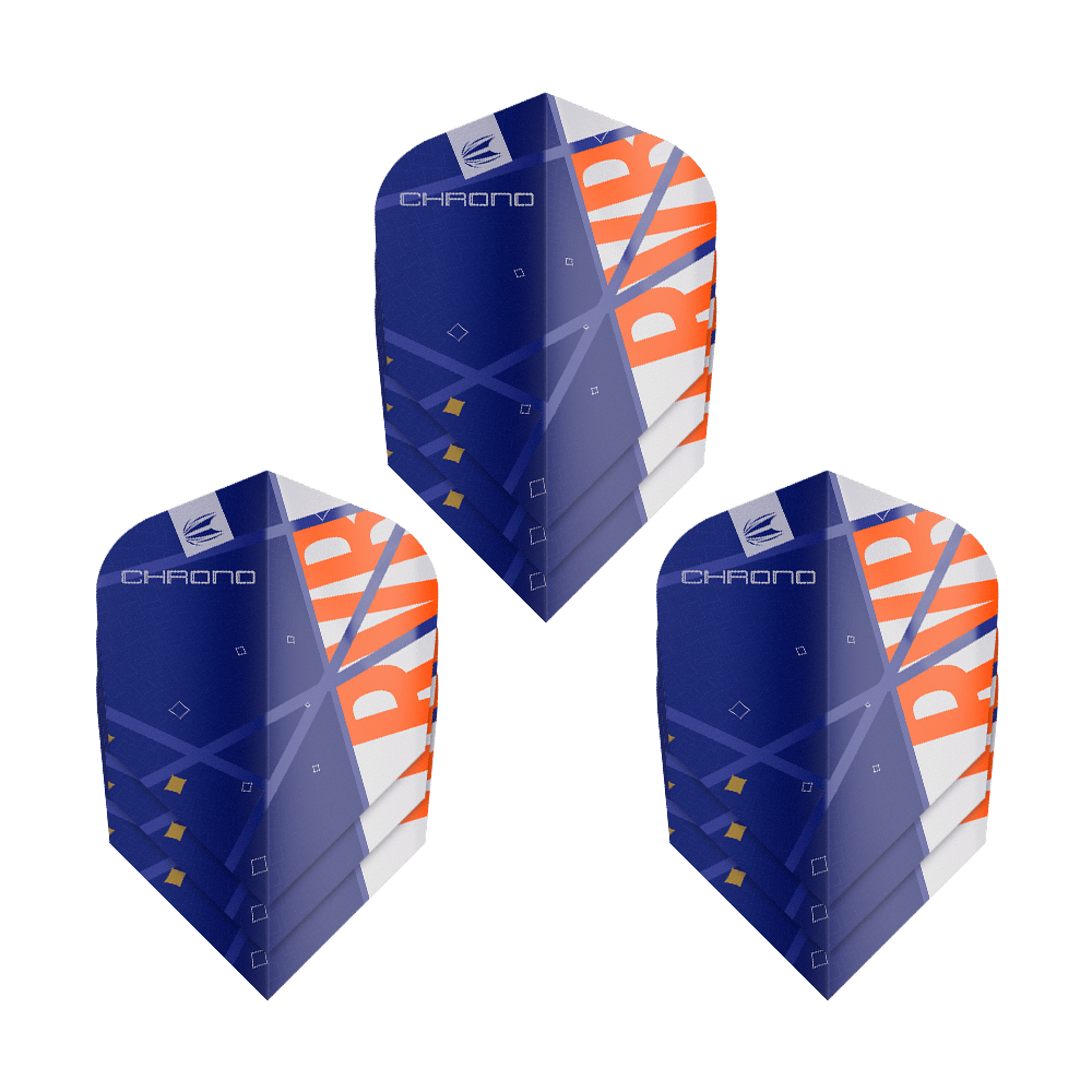 Standardní letky Target Pro Ultra Raymond Van Barneveld Chrono Ten-X - 3 sady Das Bild zeigt drei Sätze Target Pro Ultra Raymond Van Barneveld Chrono Ten-X Standard Flights. Die Flights sind überwiegend blau mit weißen und orangefarbenen Akzenten gestaltet.