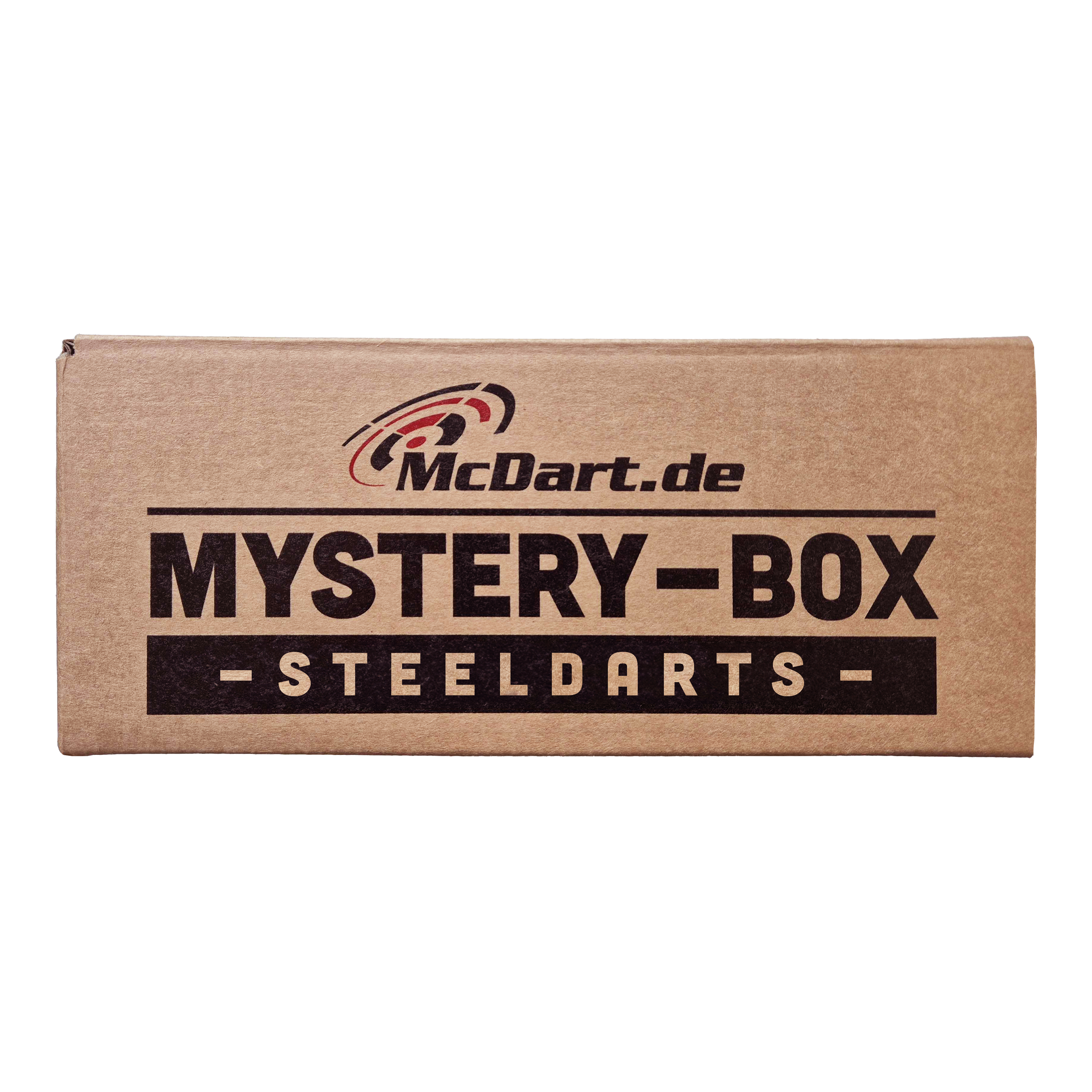 McDartova záhadná krabička - Steeldarts Die Abbildung zeigt eine braune Box mit der Aufschrift „McDart Mystery-Box - Steeldarts“. Die Verpackung sieht einfach aus und ist speziell für Steeldarts-Fans gestaltet.