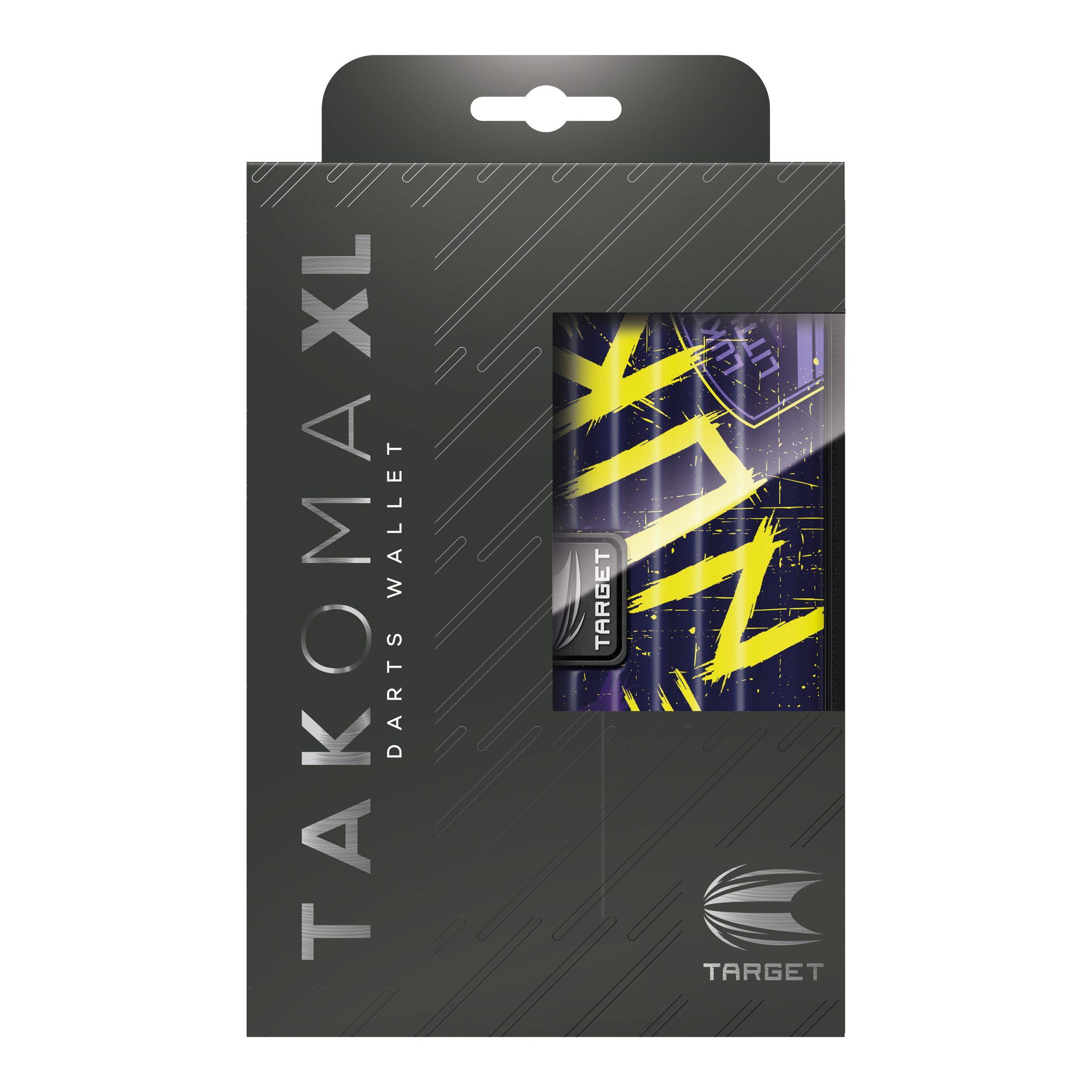 Pouzdro na šipky Target Takoma Luke Littler XL Das Bild zeigt die Verpackung des Target Takoma XL Dartcases, das speziell für Luke Littler designt wurde. Die Verpackung ist überwiegend schwarz mit gelben und violetten Akzenten auf dem Dartcase selbst.