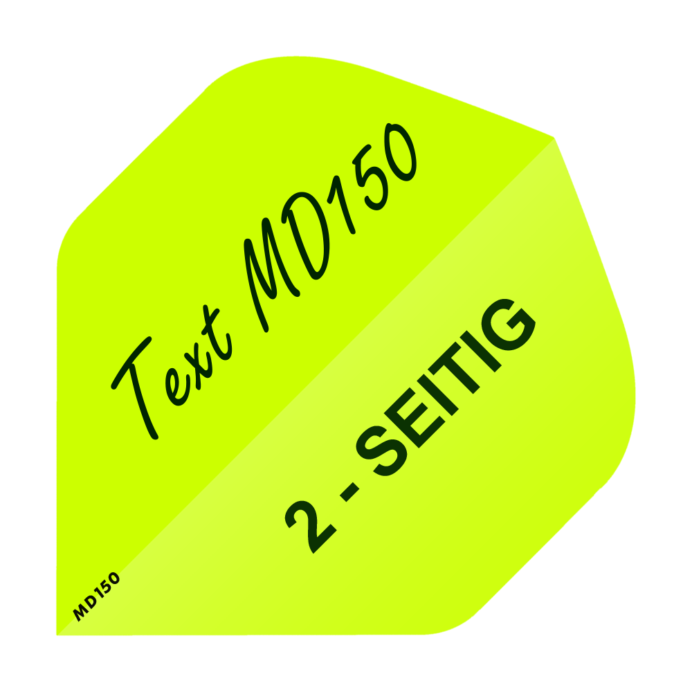 MD-205_2-Seitig_Bedruckte_Flights_Wunschtext_MD150_Neongelb_Standard_1 Das Bild zeigt ein neon-gelbes Quadrat mit dem Text „Text MD150“ und „2-SEITIG“. In der linken unteren Ecke steht zusätzlich „MD150“.