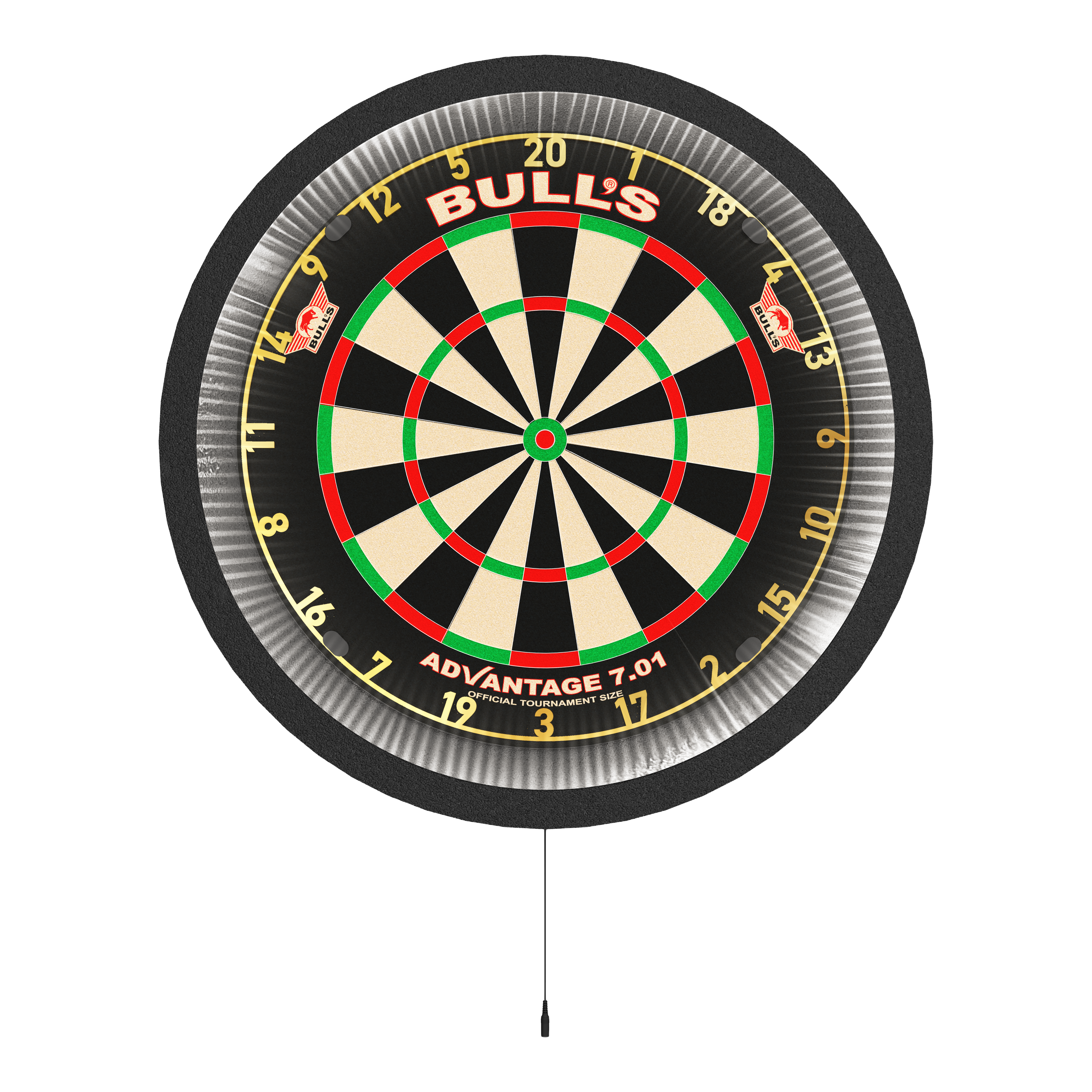 Das Bild zeigt das Produkt "Bulls NL Lumo 2 Light Surround Beleuchtungssystem" an einem Dartboard. Der runde LED-Lichtring um den Dartboard sorgt für eine gleichmäßige Ausleuchtung beim Spielen.