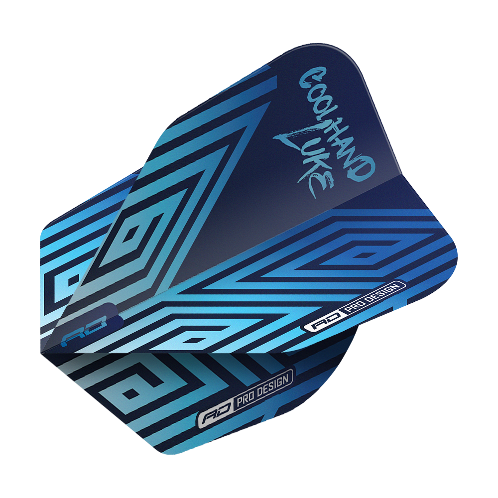 Das Bild zeigt die "Red Dragon Luke Humphries Coolhand Blue No6 Flights". Die Flights sind blau mit geometrischen Mustern und dem Schriftzug "Coolhand Luke" darauf.