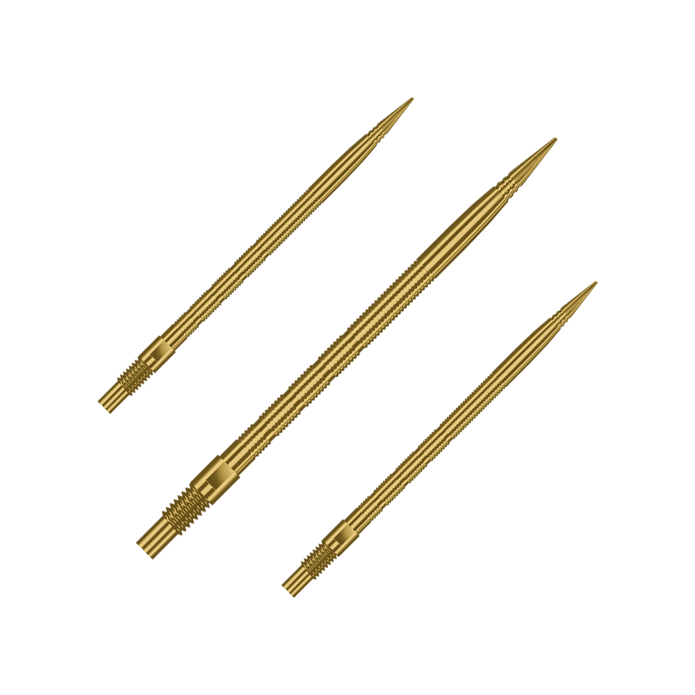 Gezeigt wird ein Set von Harrows Quick Point MicroRidge Dartspitzen in Gold, 40mm. Verschiedene Spitzen sind nebeneinander angeordnet.
