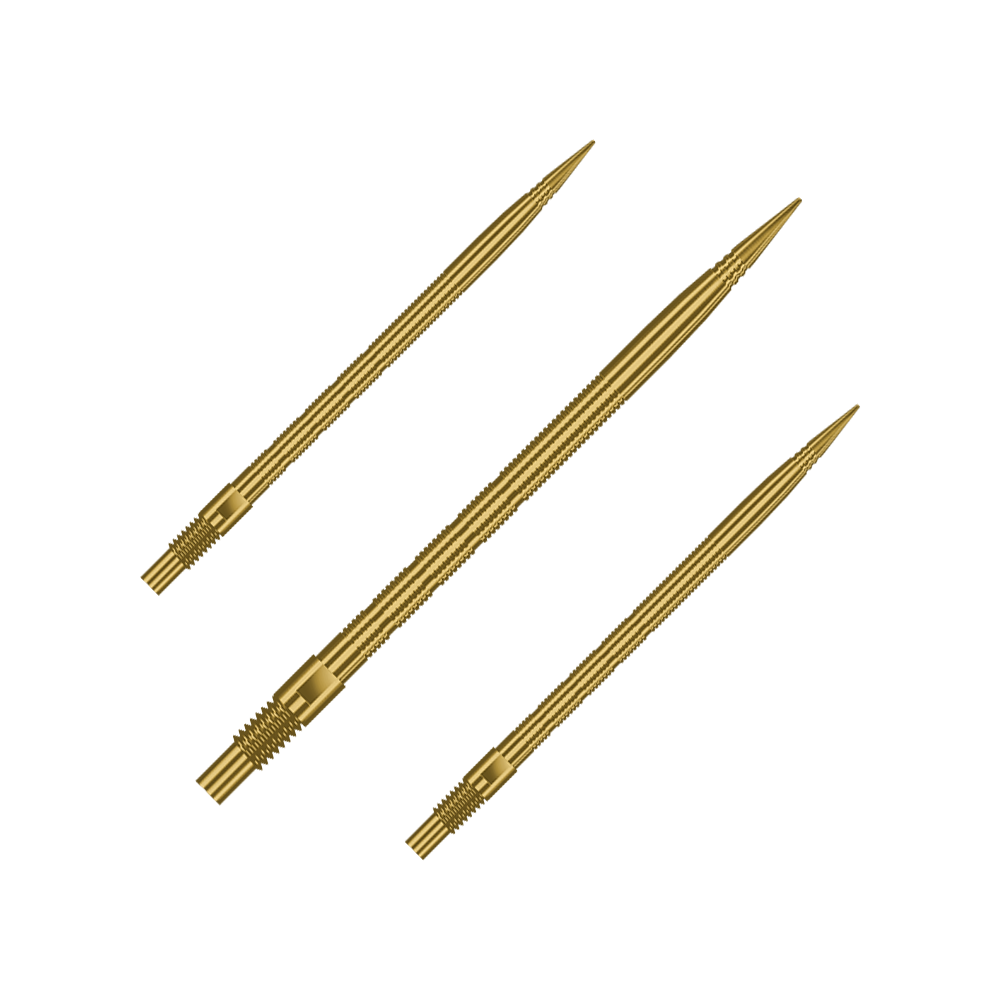 Špičky na šipky Harrows Quick Point Micro Ridge - zlaté Gezeigt wird ein Set von Harrows Quick Point MicroRidge Dartspitzen in Gold, 40mm. Verschiedene Spitzen sind nebeneinander angeordnet.
