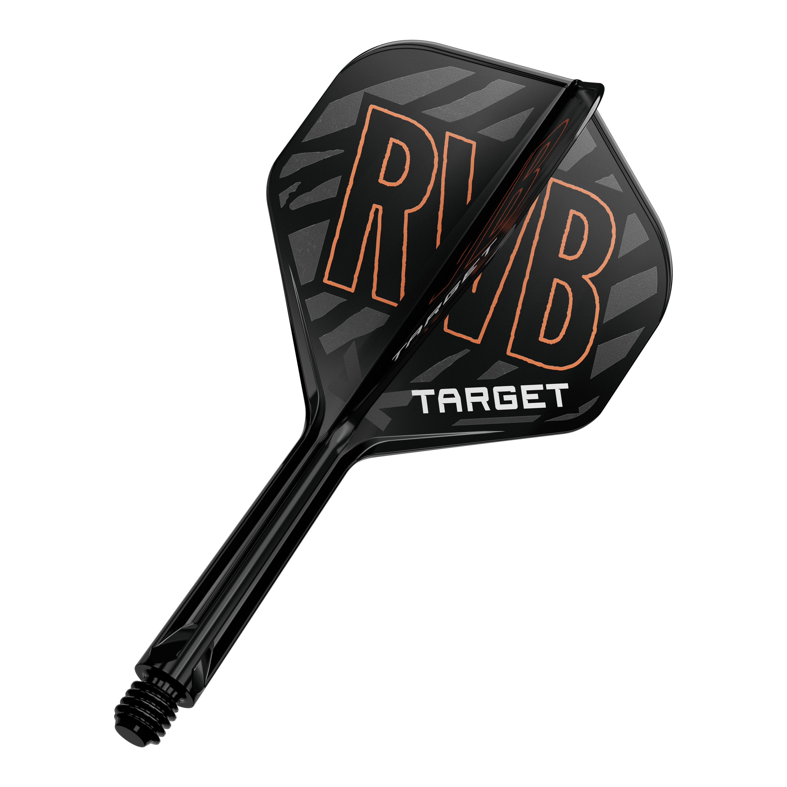 Targetový K-Flex Standardní letový hřídel Raymond Van Barneveld No2 Das Bild zeigt ein schwarzes Dart Flight-Schaft-System mit den Buchstaben „RVB“ in orange. Darunter steht das Wort „TARGET“ in weißen Buchstaben.