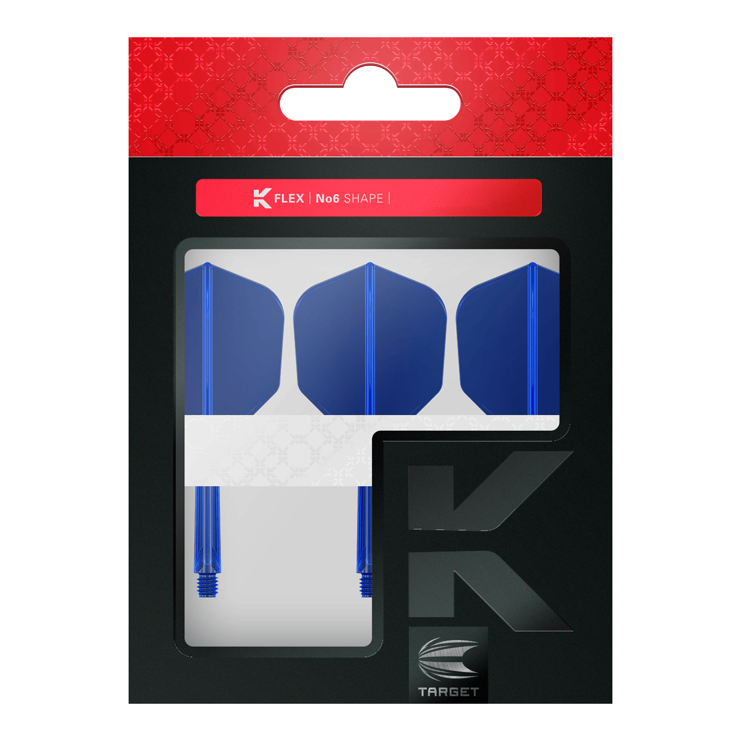 Letový systém Target K-Flex No6 - modrý Das Bild zeigt eine Verpackung mit drei blauen Dart-Flights und Shafts. Oben auf der Verpackung steht "K FLEX | No6 SHAPE" und unten ist das Target-Logo zu sehen.