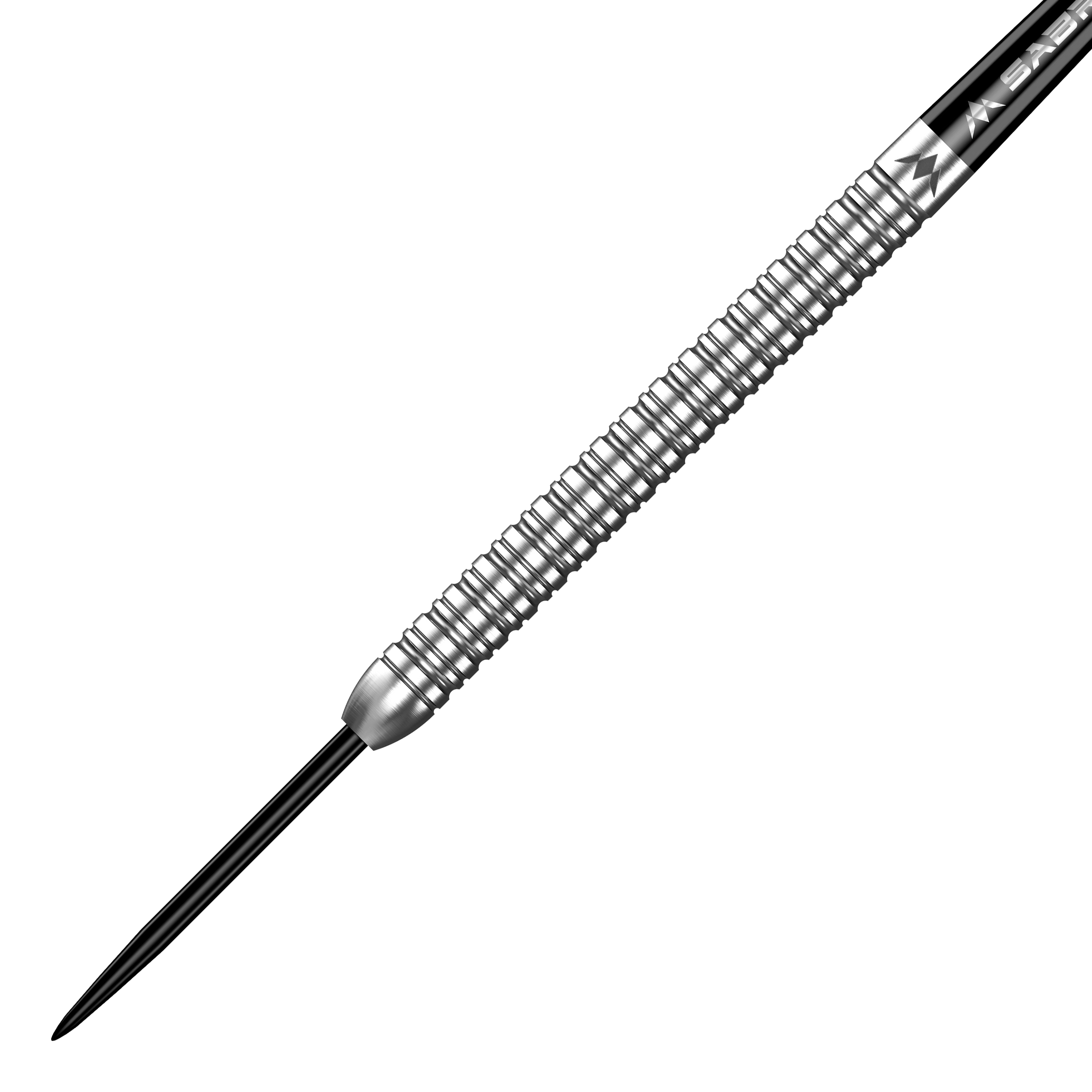Das Bild zeigt einen silbernen Steeldart mit gerilltem Griff. Es handelt sich um das Produkt "Mission Mike De Decker MDD Silver Steeldarts".