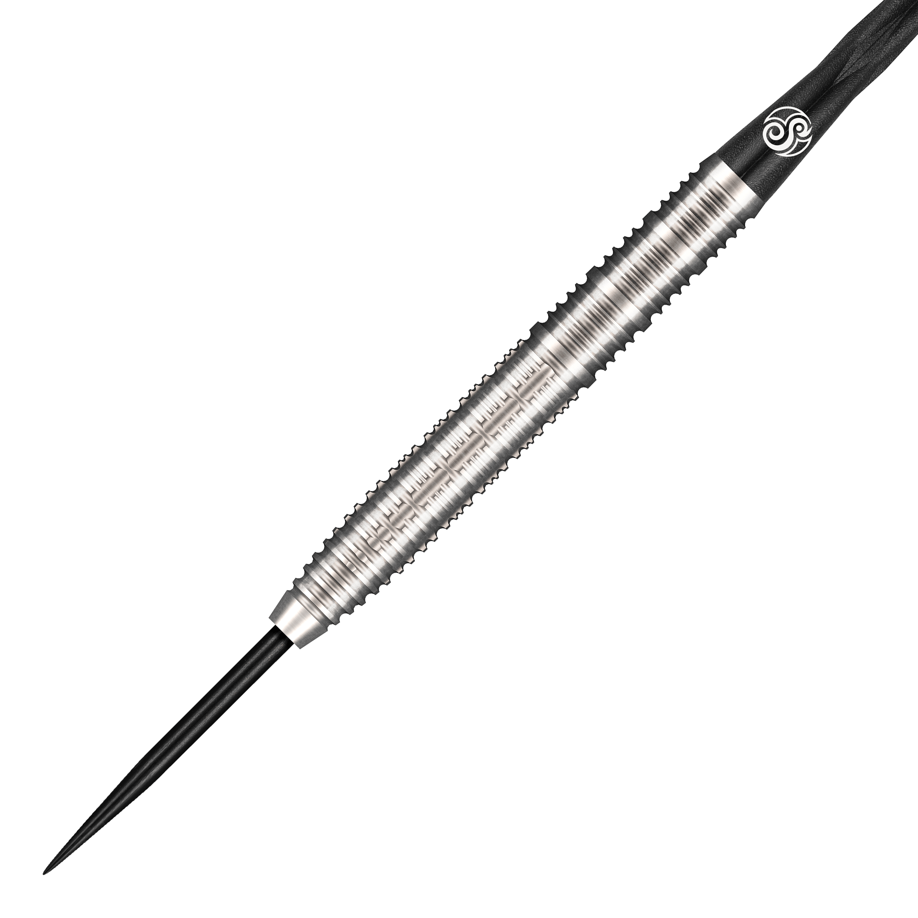 Das Bild zeigt einen Steeldart aus der Shot Pro Series, Bradley Brooks GEN2 mit 23 Gramm Gewicht. Der Dart hat ein silbernes, geriffeltes Barrel und eine schwarze Spitze.