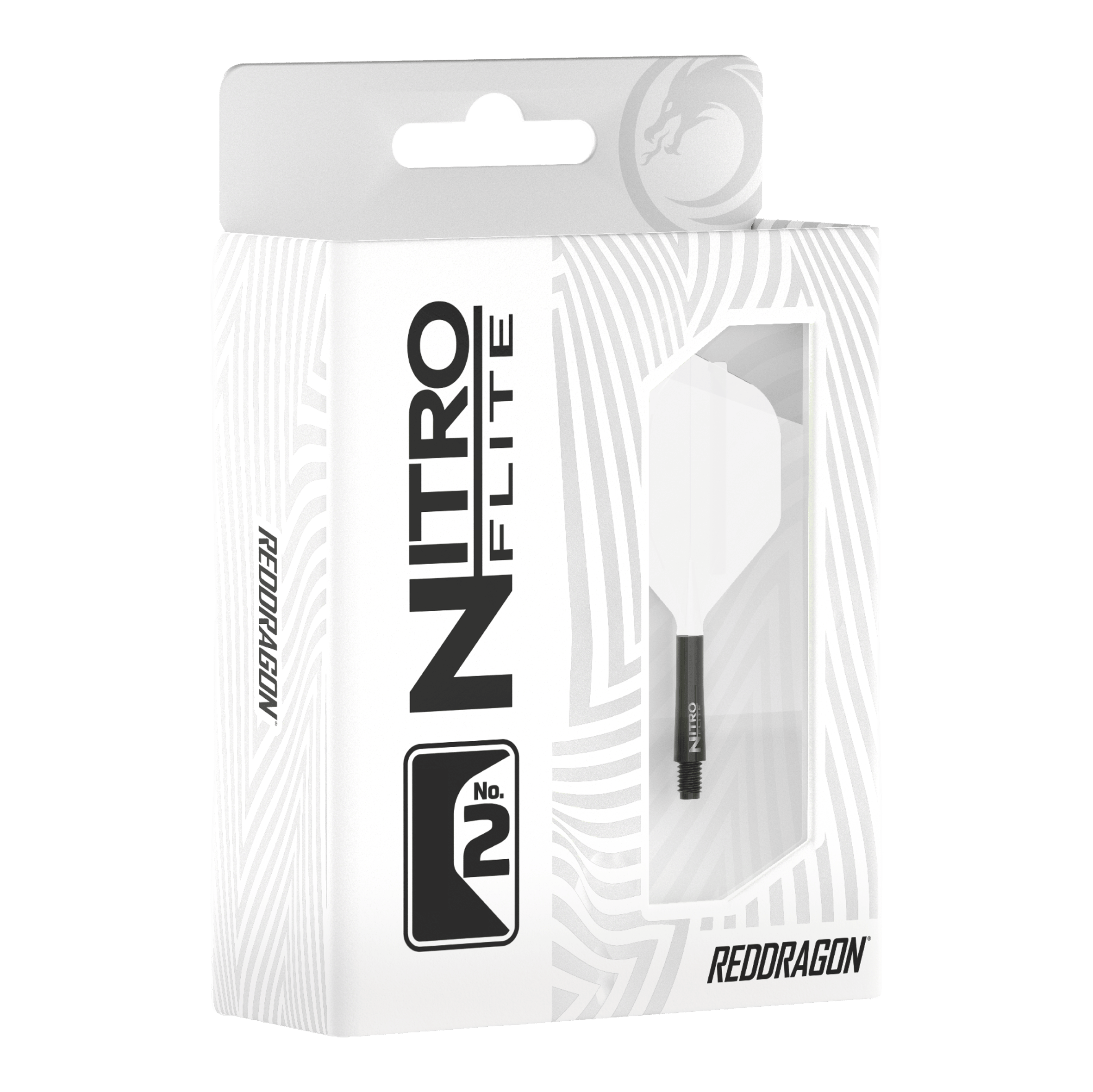 Abgebildet ist Red Dragon Nitroflite Black Shaft White Flights No2. Zu sehen sind schwarze Dart-Schäfte mit weißen Flights.