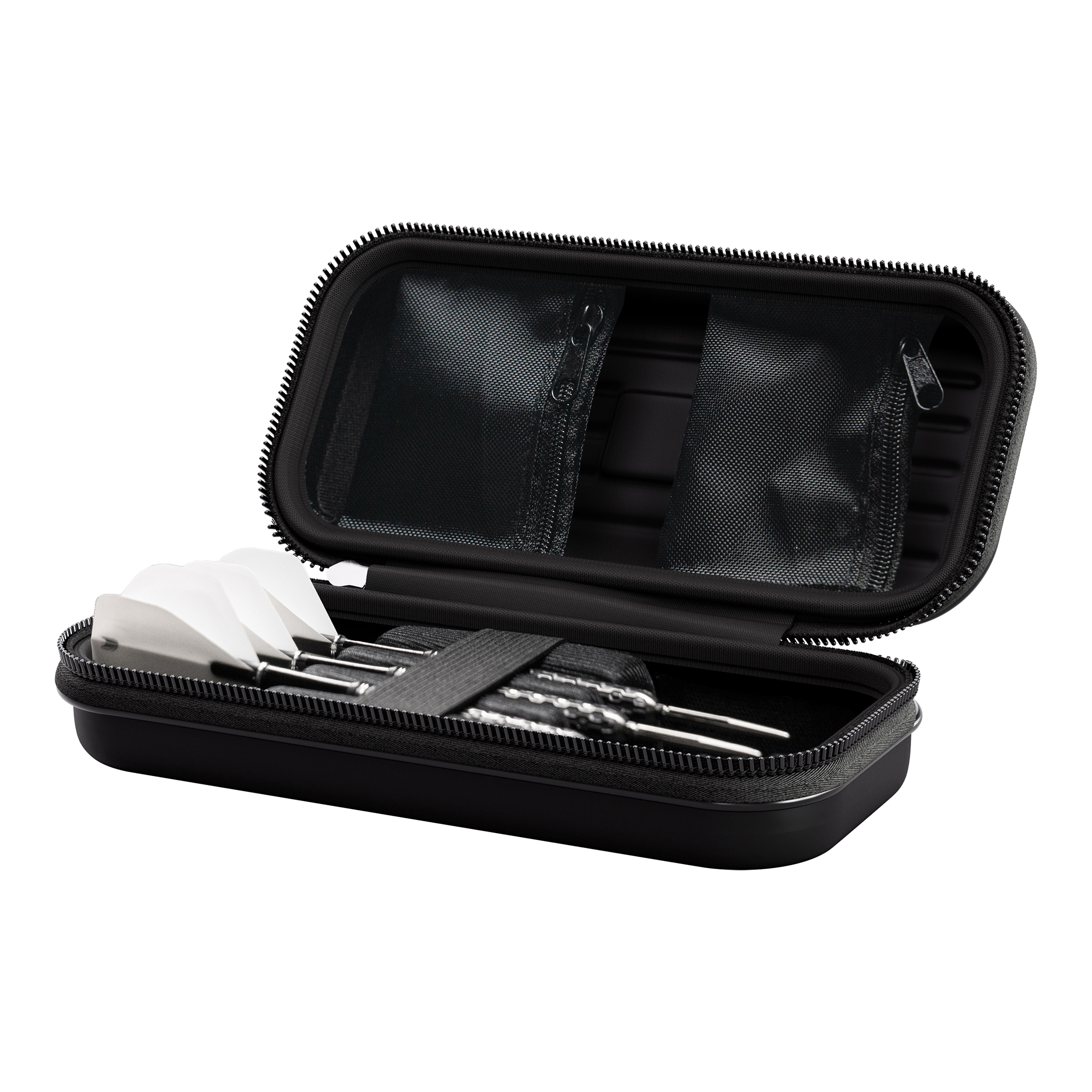 Pouzdro na šipky Target Takoma Stephen Bunting Das Bild zeigt das Produkt "Target Takoma Stephen Bunting Dartcase". In dem geöffneten Etui befinden sich drei zusammengebaute Darts und kleine Netztaschen im Deckel.