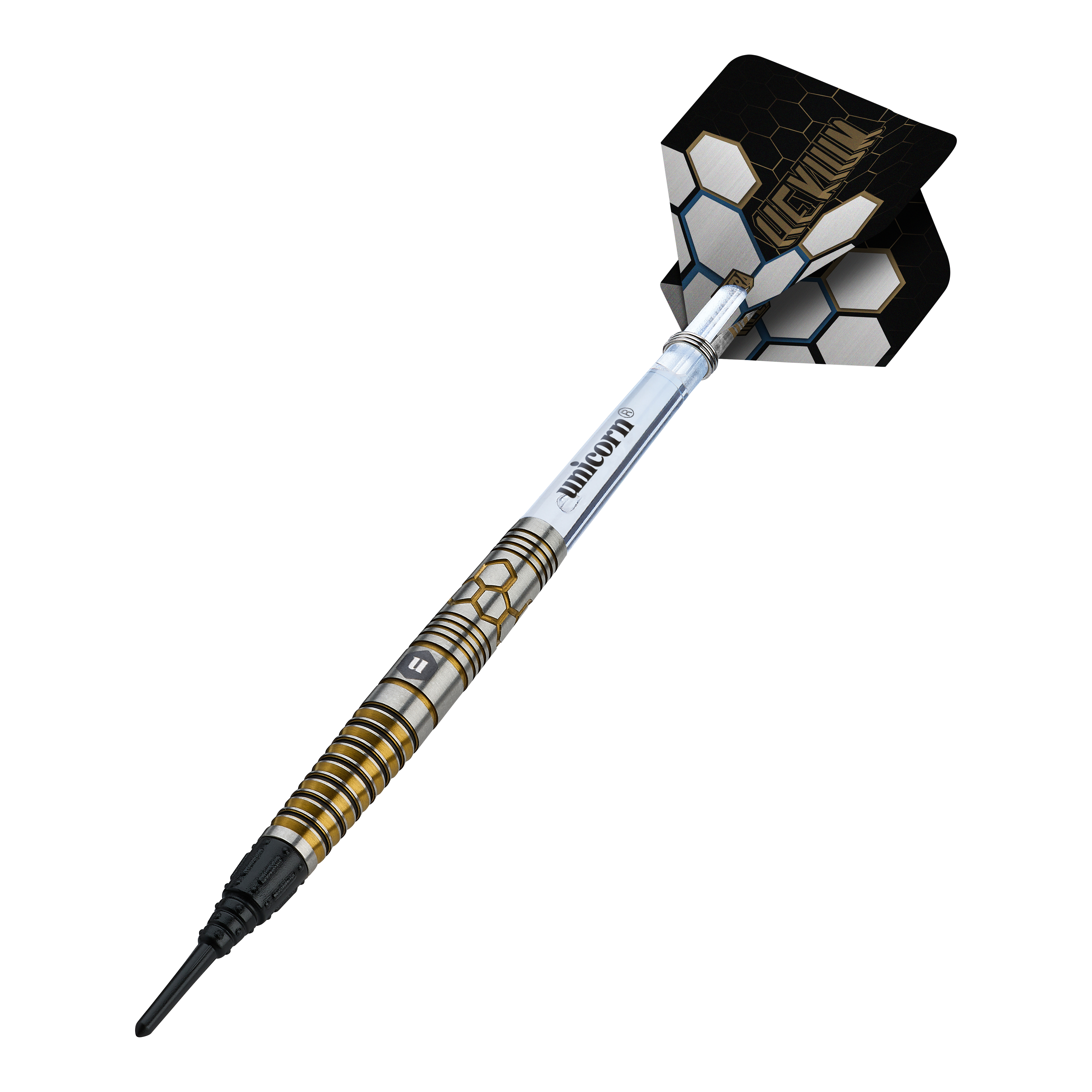 Šipky Unicorn Hexium Style 02 Modro-zlaté měkké - 21g Abgebildet ist das Produkt Unicorn Hexium Style 02 Blue & Gold Softdarts - 21g. Die Farben Blau und Gold dominieren das Design der Softdarts.